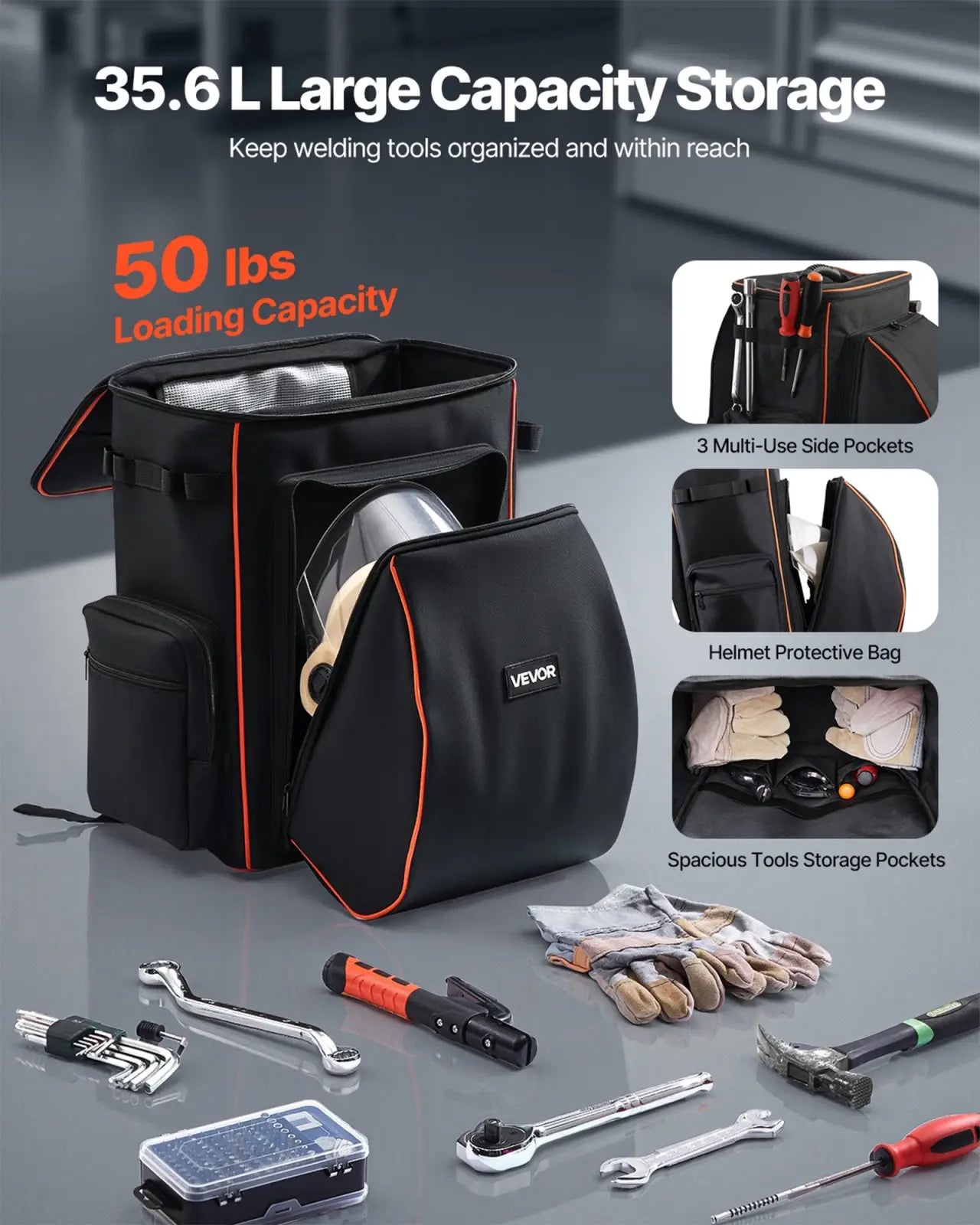 Black and orange vevor 35.6l heavy duty welding backpack with helmet catch and multiple side pockets for organized storage