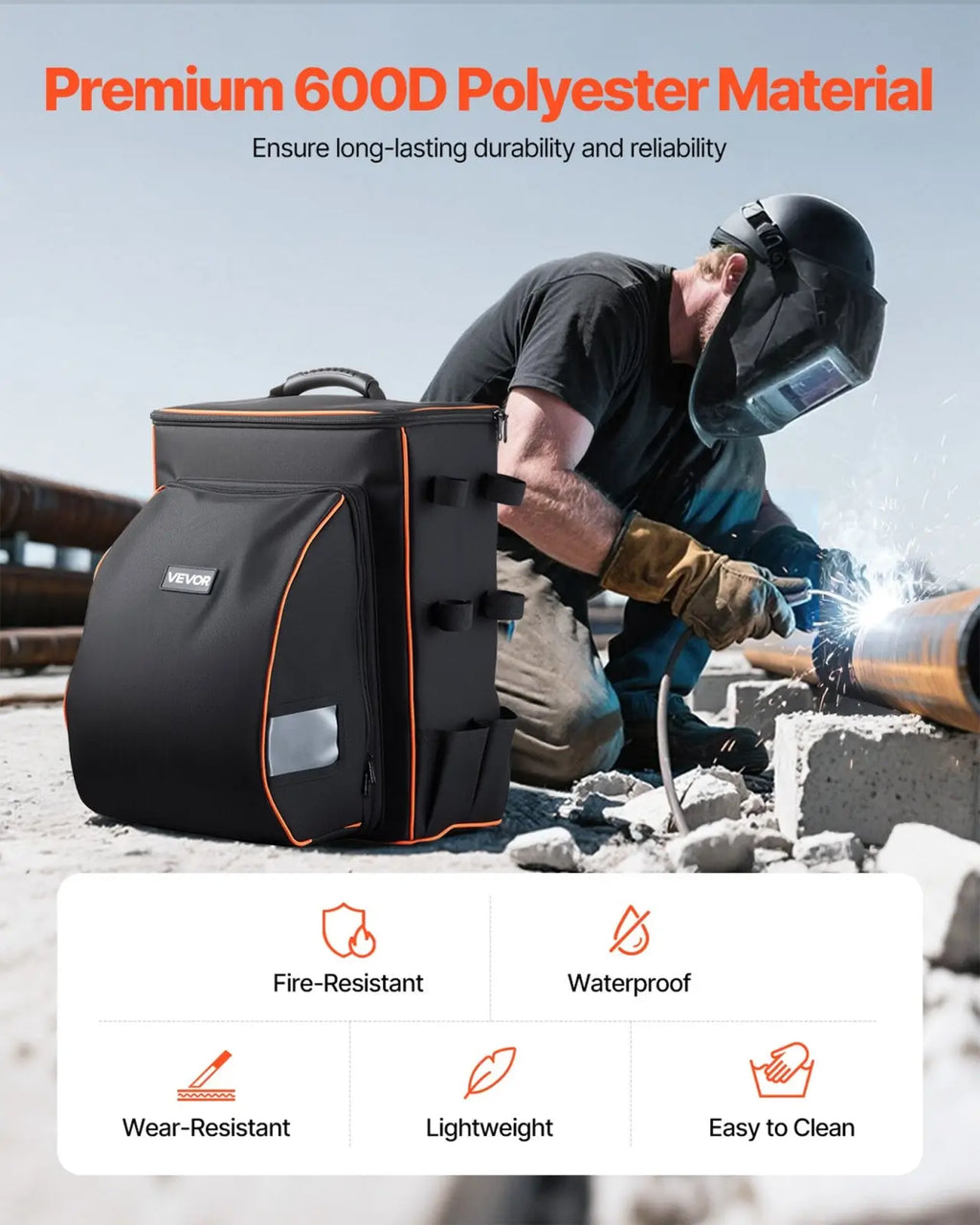 Vevor 35.6l heavy duty welding backpack in black with orange trim made from premium 600d polyester with helmet catch bag