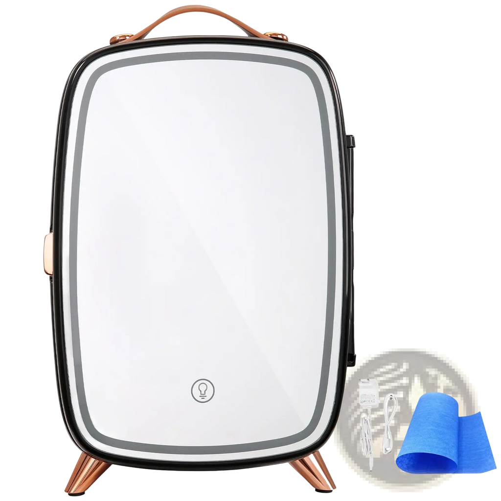 Vevor 6l skincare fridge with black and rose gold framed led mirror featuring a sleek rectangular design