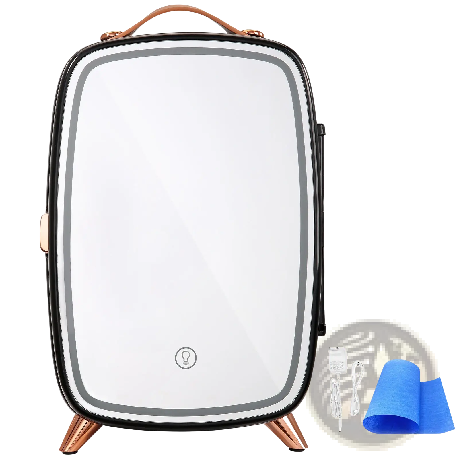Vevor 6l skincare fridge with black and rose gold framed led mirror featuring a sleek rectangular design