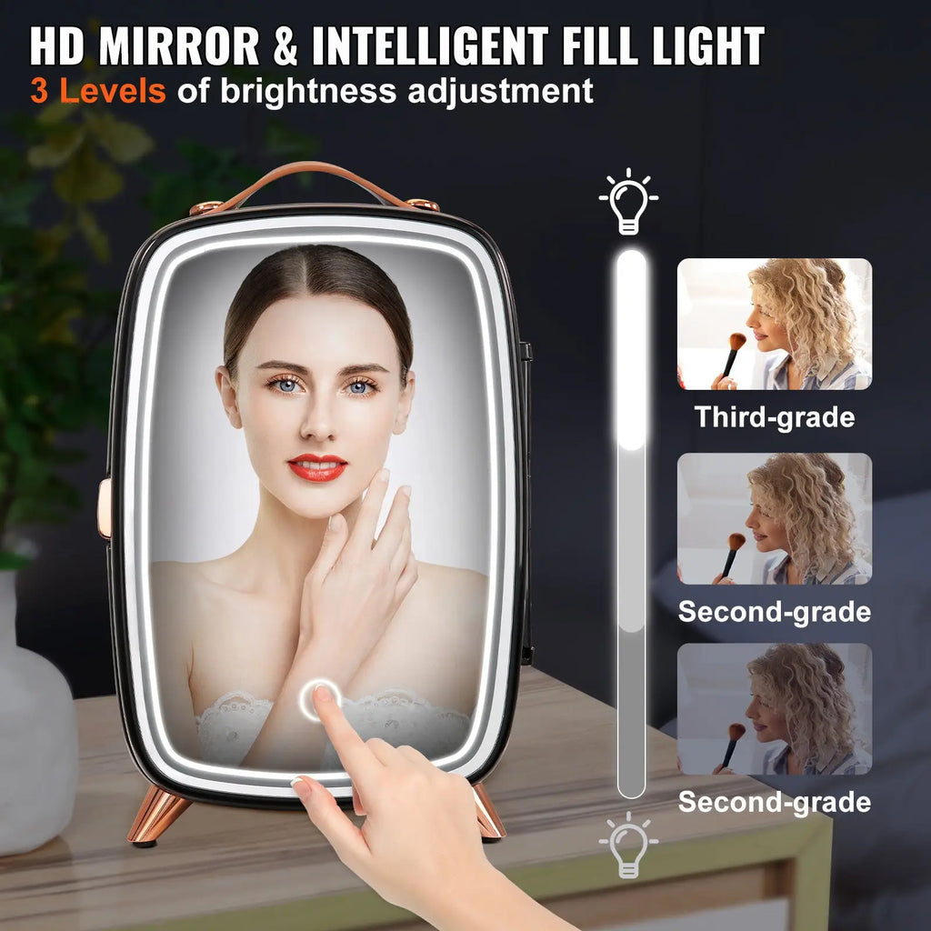 Vevor 6l skincare fridge with led hd mirror featuring a sleek black frame and rose gold accents with adjustable fill light