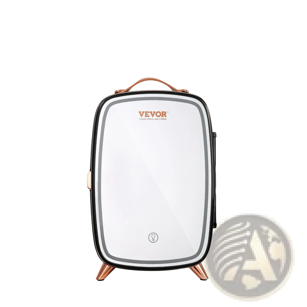 White and black Vevor portable facial device with rose gold accents featured in vevor 6l skincare fridge with led mirror