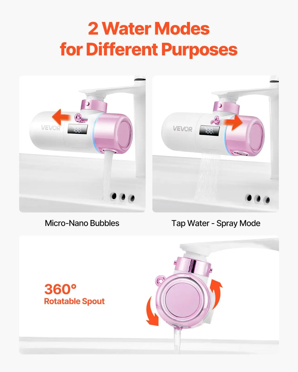Vevor facial mist sprayer and digital faucet filter in rose gold with pink and white digital display and two spray modes