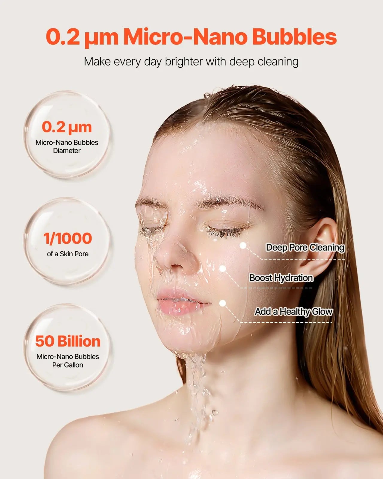 A woman with wet brown hair and closed eyes uses the rose gold Vevor facial mist sprayer with 0.2 micron bubbles for hydration