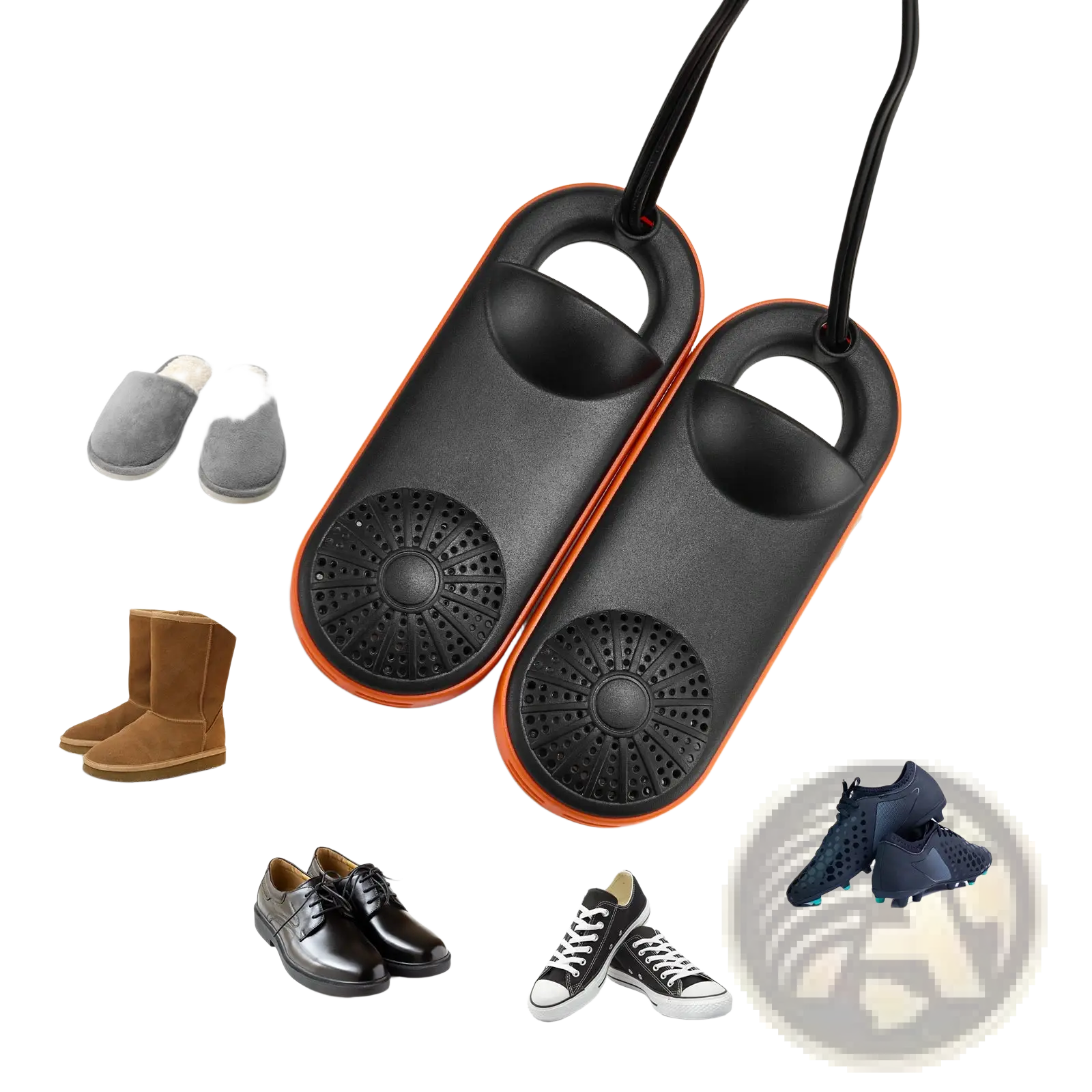 Vevor portable electric shoe and boot dryer in black and orange with hanging handle for easy storage and use