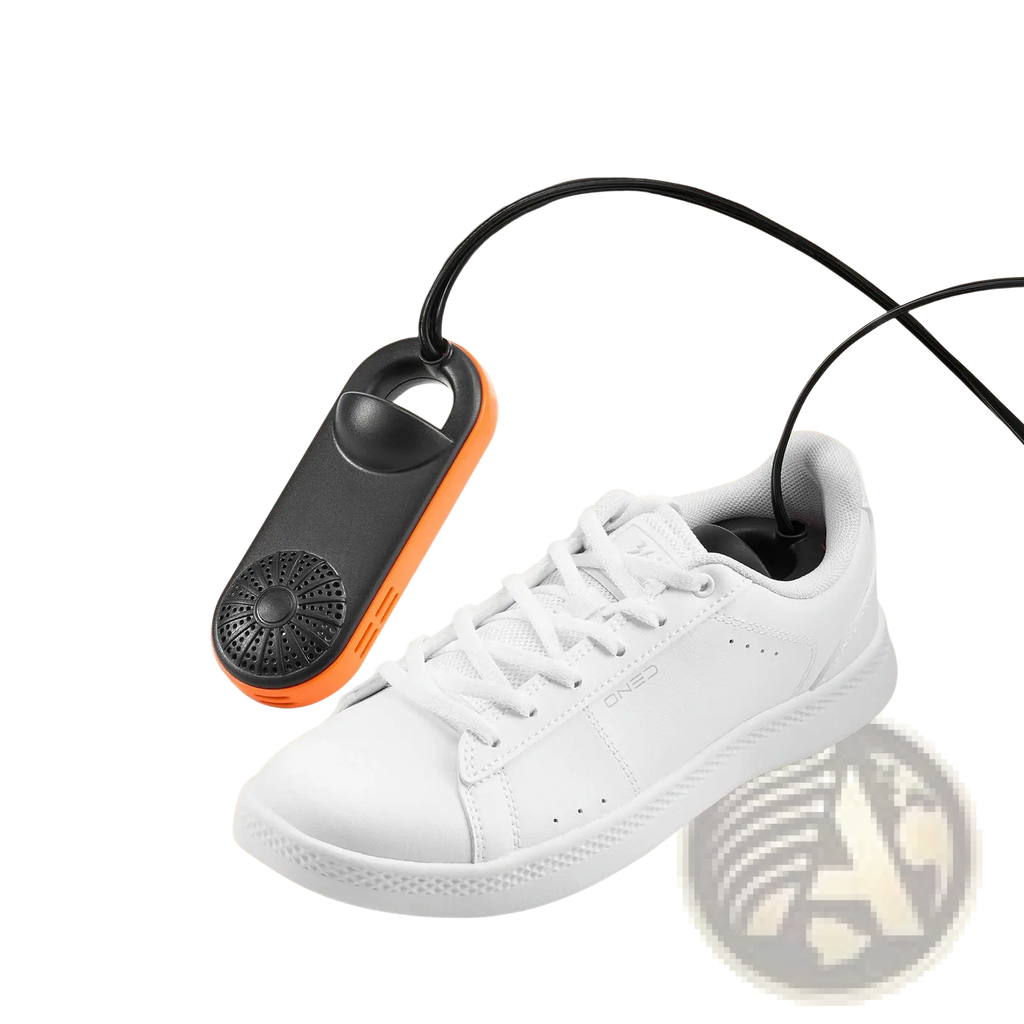 Vevor portable electric shoe and boot dryer in black and orange with circular vented end and loop handle visible from back side
