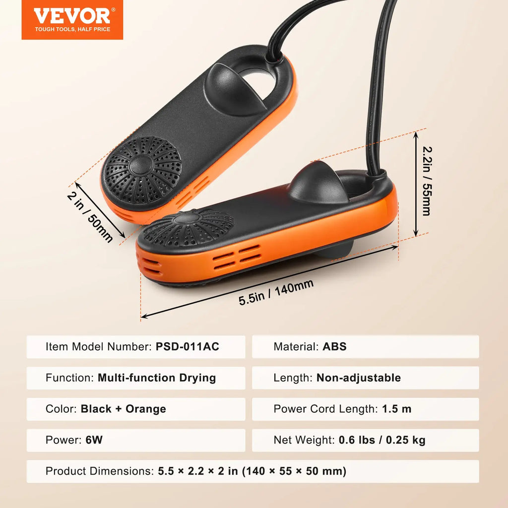 Back view of vevor portable electric shoe and boot dryer in black and orange abs plastic with textured vented surface