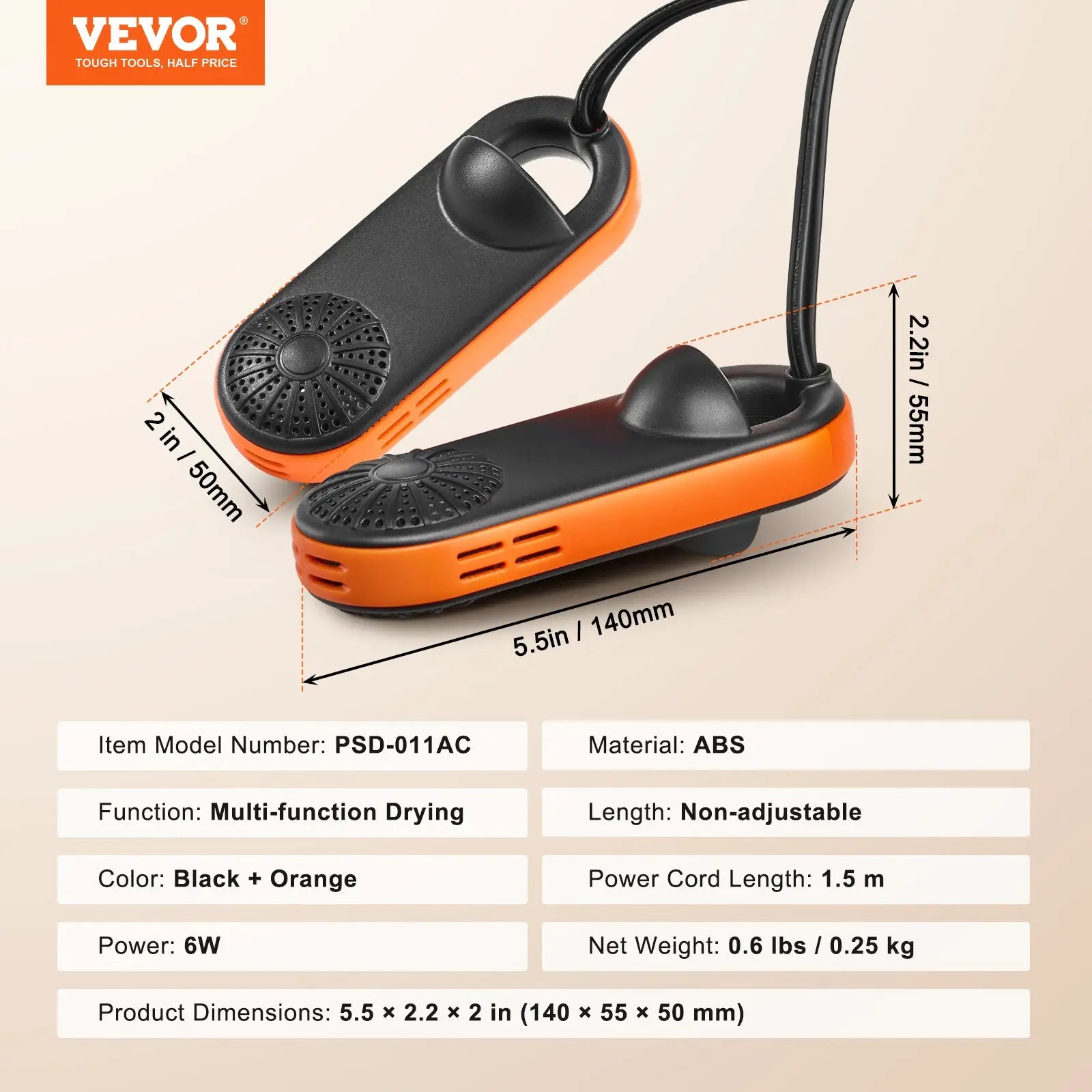 Back view of vevor portable electric shoe and boot dryer in black and orange abs plastic with textured vented surface