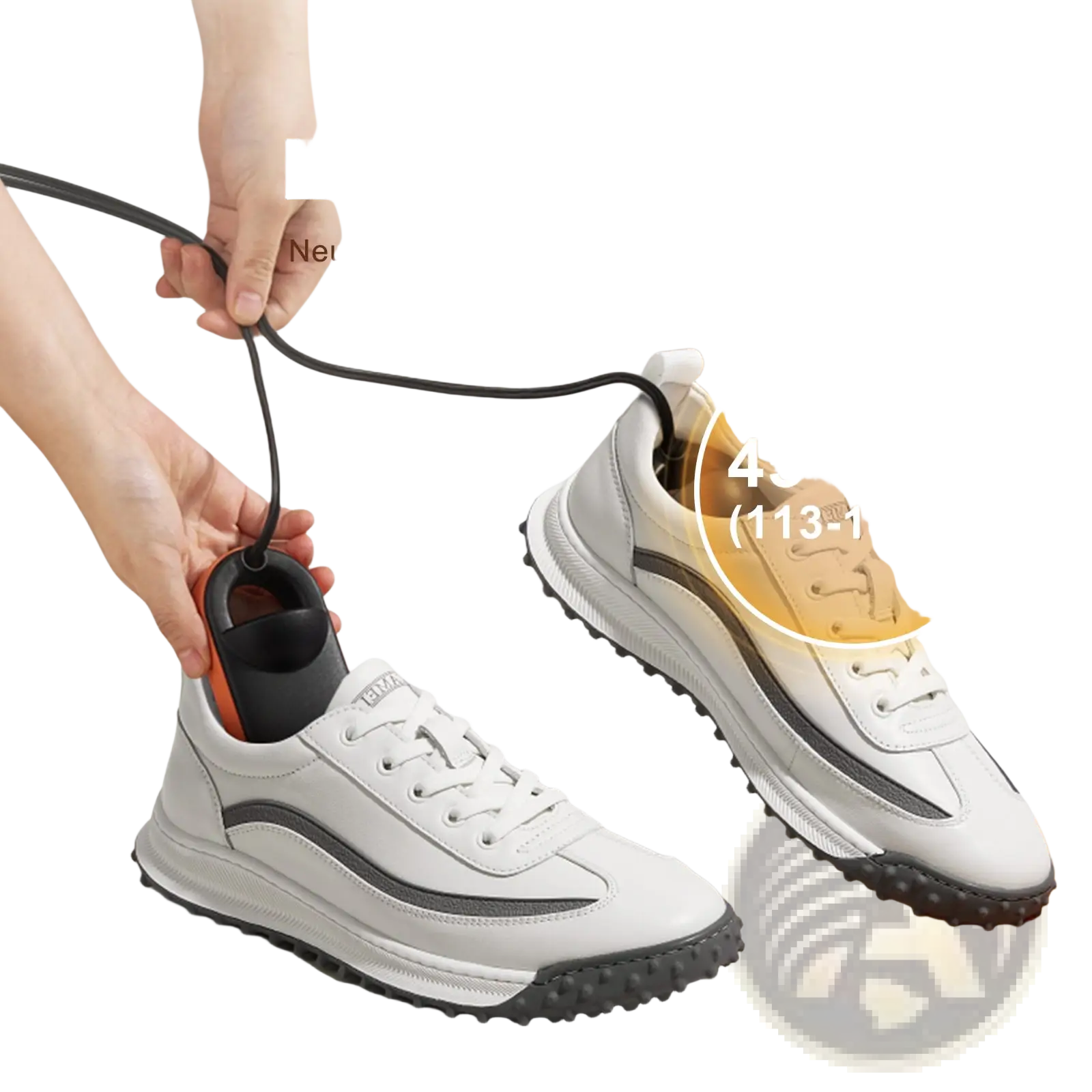 White athletic shoe with black rubber sole and gray accent stripes displayed with vevor portable electric shoe and boot dryer with hanging handle