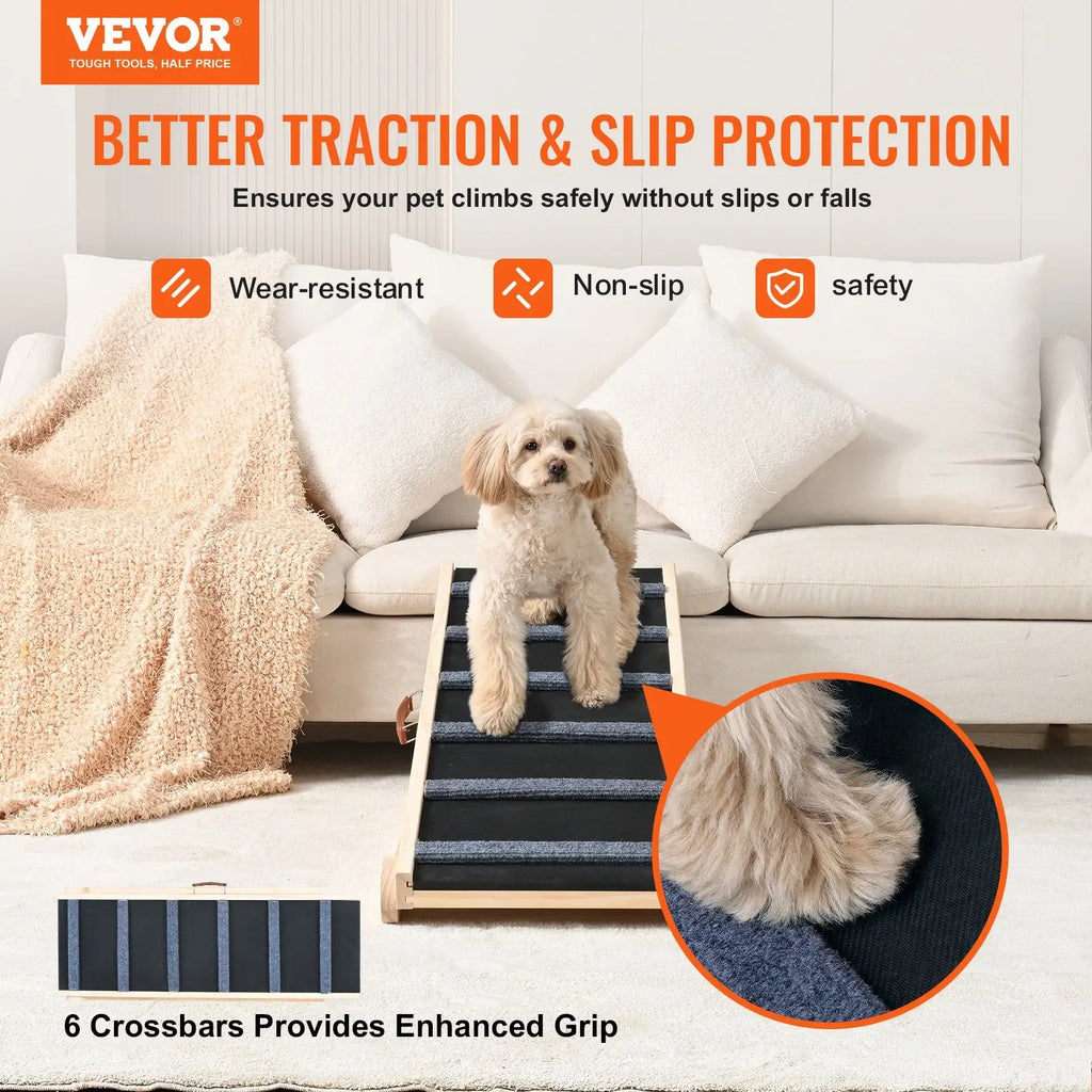 Veyor adjustable wooden dog ramp with blue and black stripes and six crossbars for bed and couch access