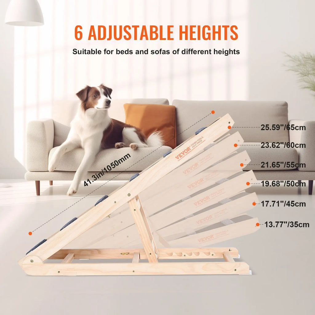 Light-colored wooden dog ramp by veyor with six adjustable heights for bed and couch access