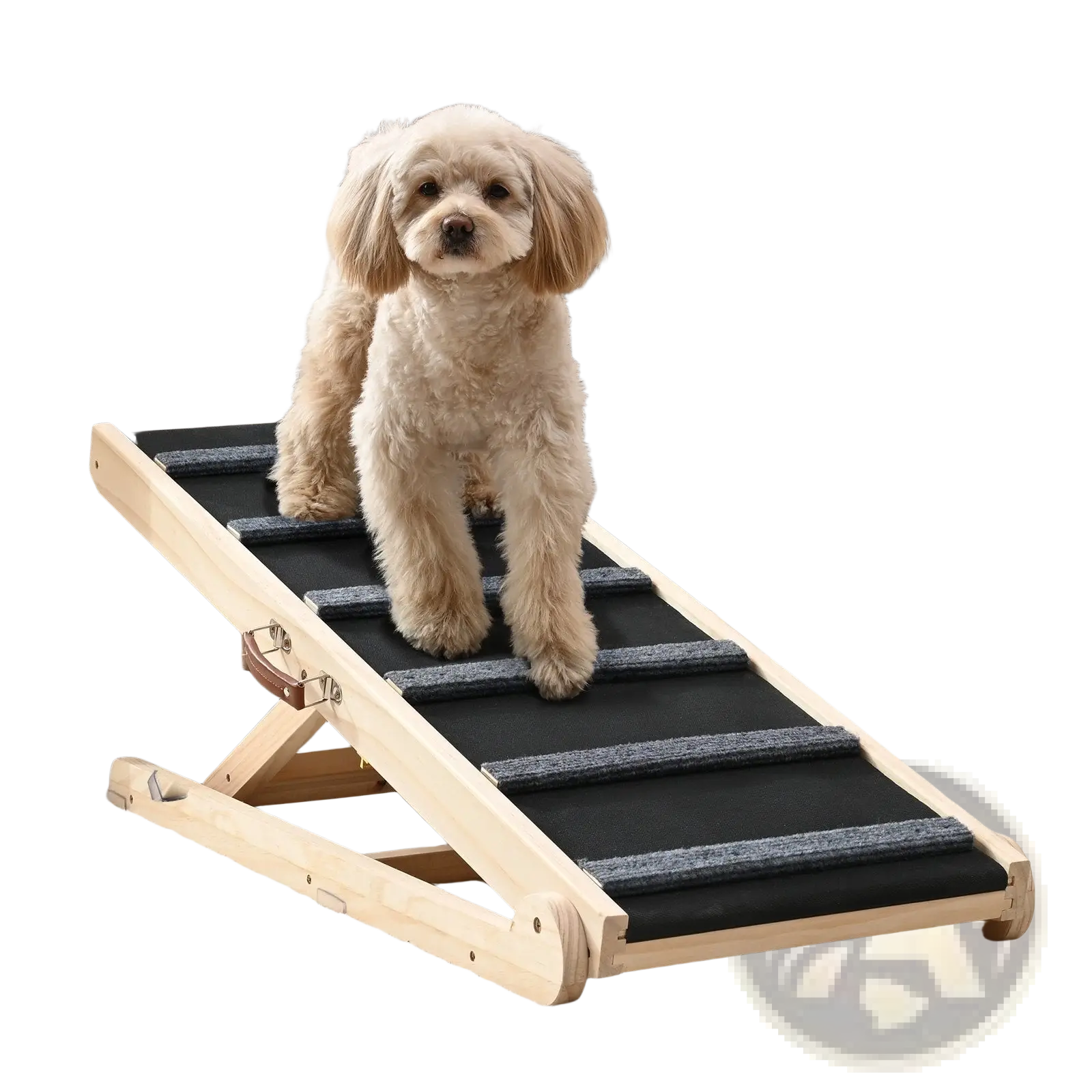 Veyor adjustable wooden dog ramp with light wood, black textured steps, and brown leather handle for bed and couch use