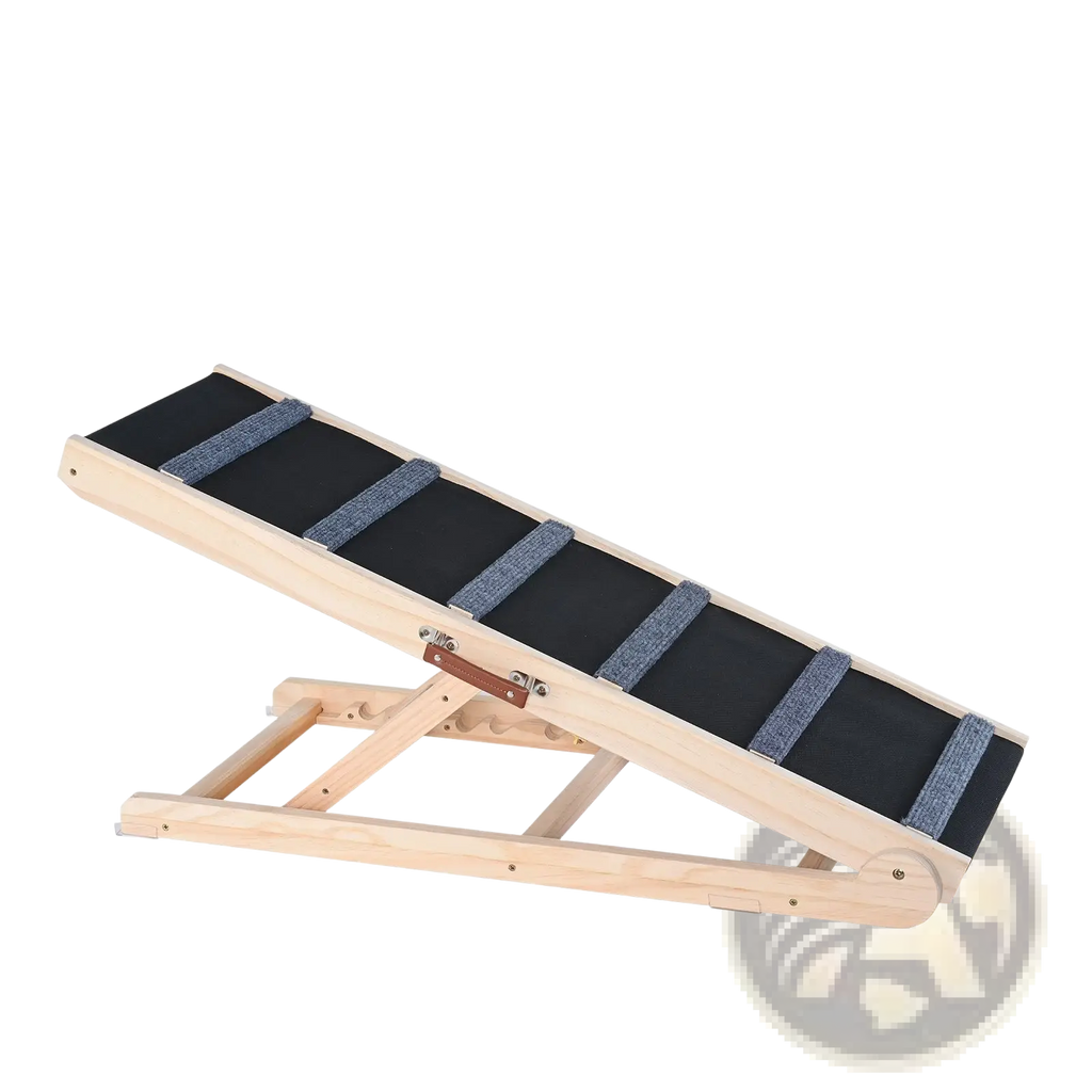 Veyor adjustable wooden dog ramp featuring light wood frame black fabric and gray traction strips for bed and couch use