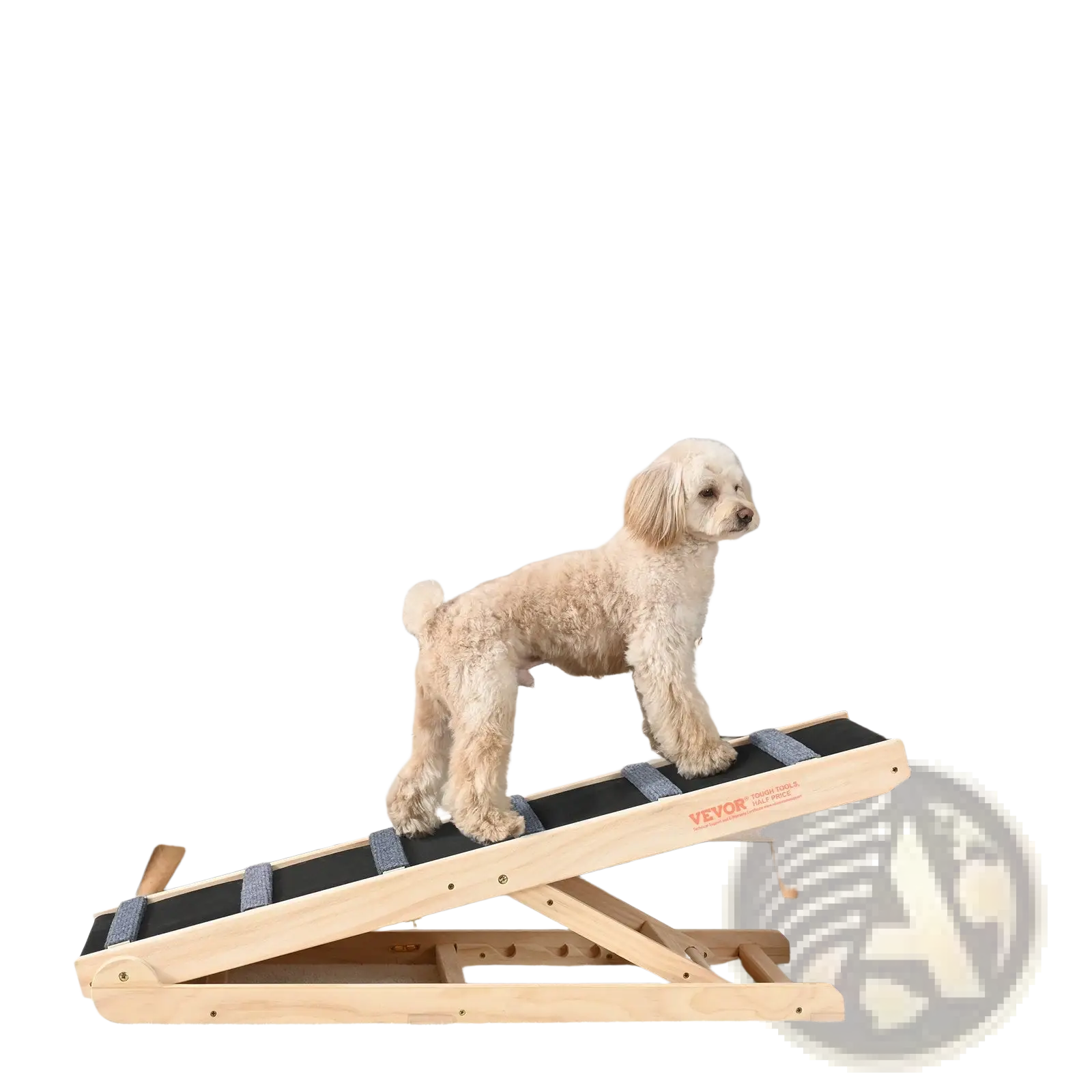 A light-colored wooden adjustable dog ramp with black textured surface gray fabric strips for bed and couch by Veyor