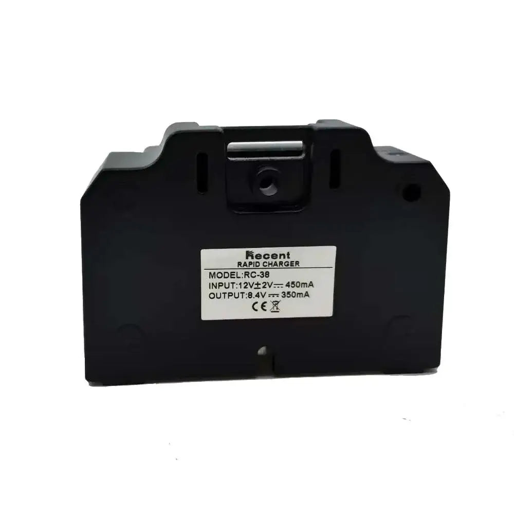 Black plastic vhf marine radio charger with rectangular body and molded edges for recent rs-38m model