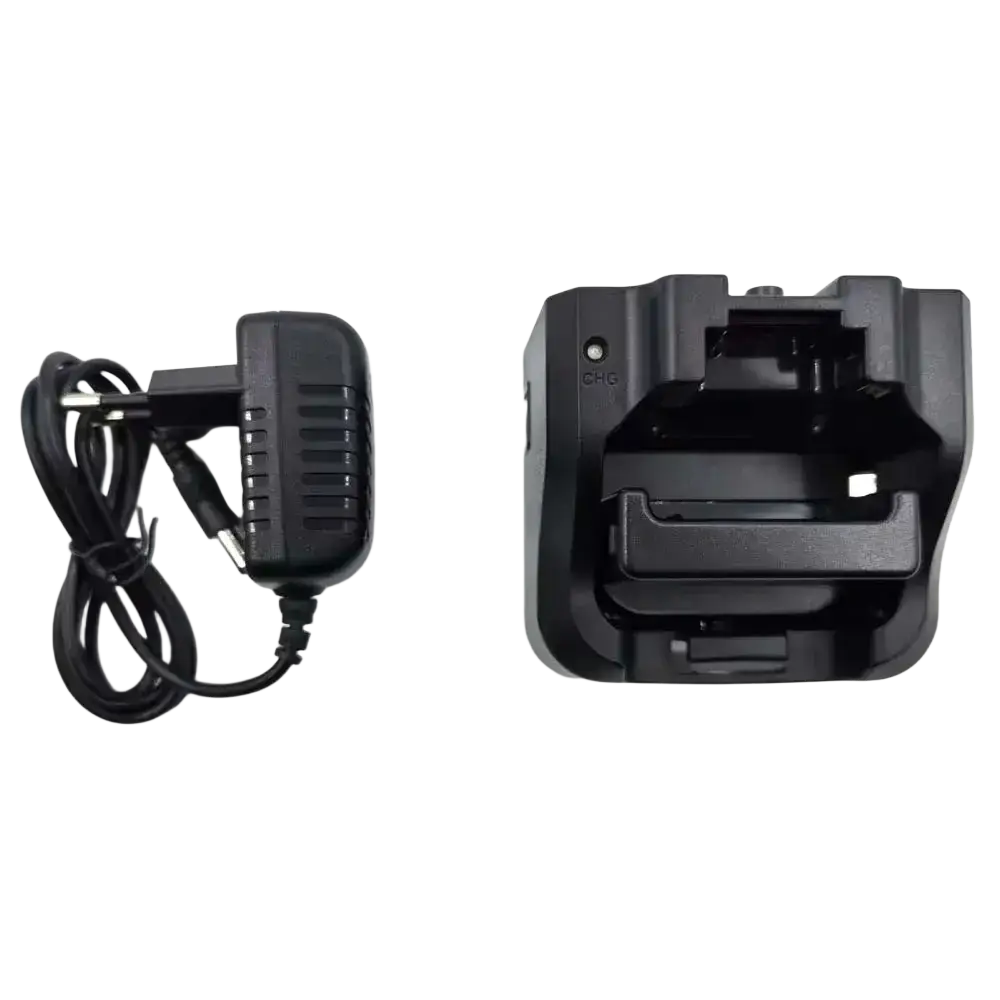 Black plastic vhf marine radio charger with coiled cable and matching battery charger dock for rs-38m model