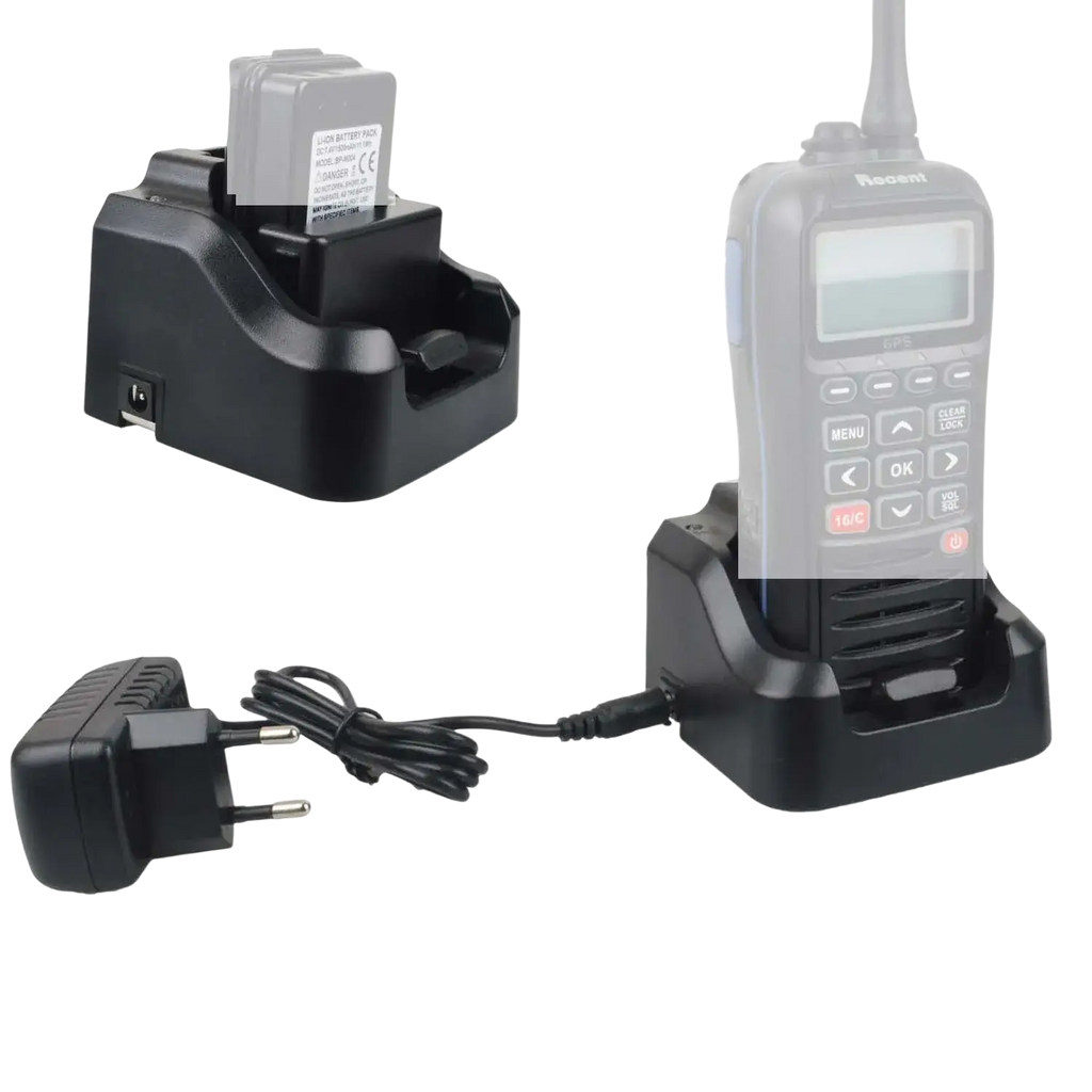 Black plastic vhf marine radio charger base with power adapter for recent rs-38m marine radio models