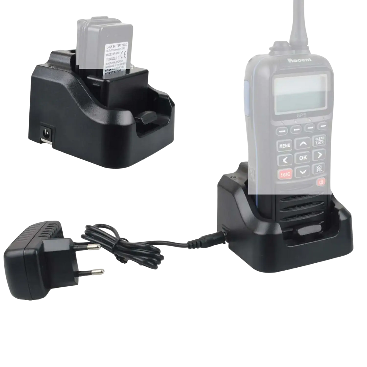 Black plastic vhf marine radio charger base with power adapter for recent rs-38m marine radio models