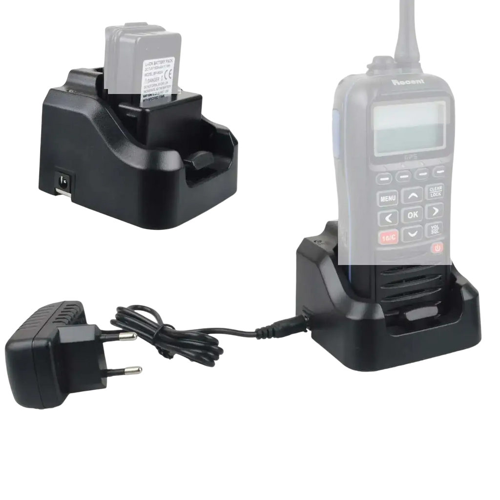 Black plastic vxcom vhf marine radio with screen and keypad in charging base with ac adapter for rs-38m charger