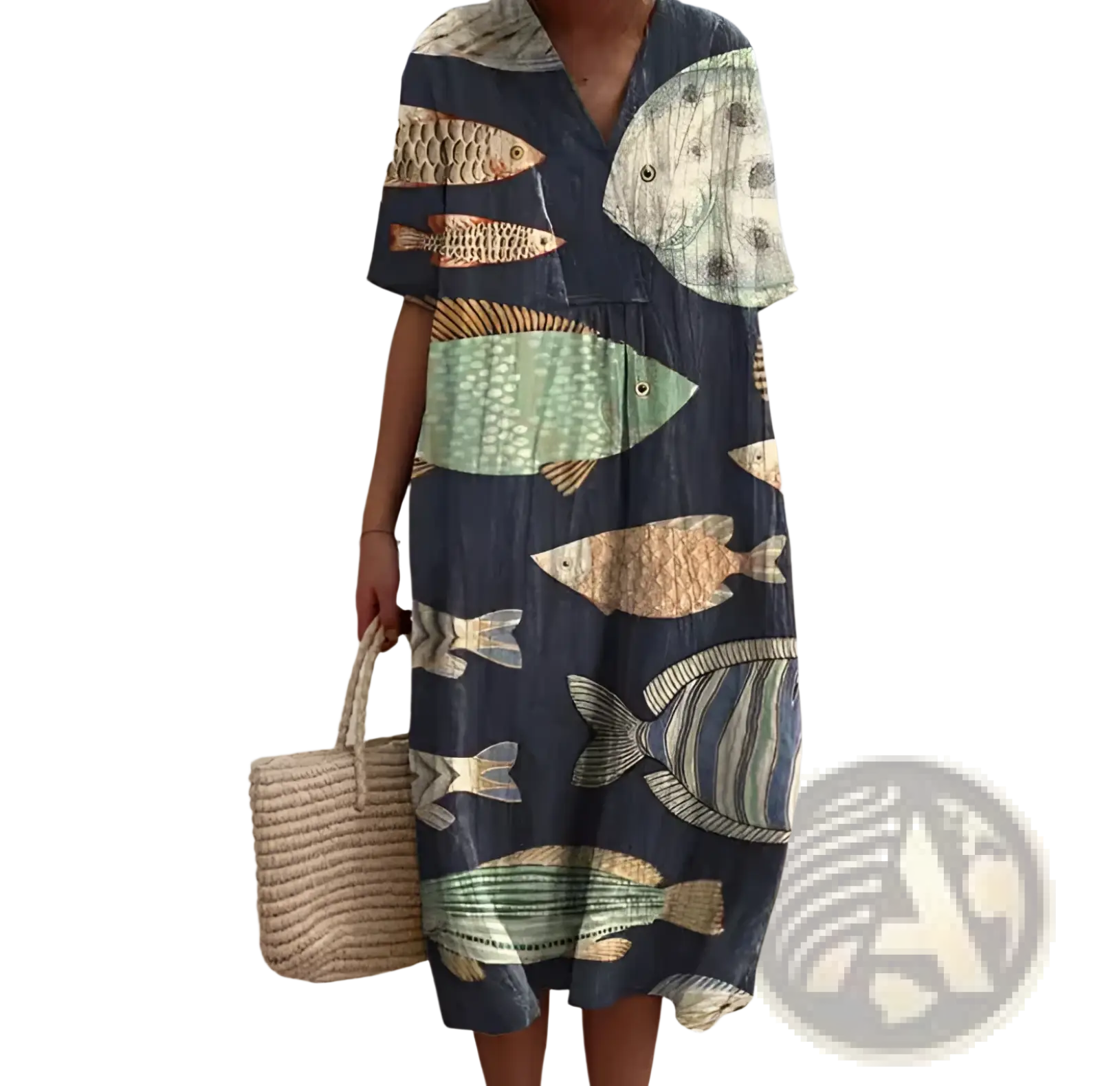 A navy blue vibrant floral v-neck short sleeve maxi dress with an all-over print of green beige and white fish