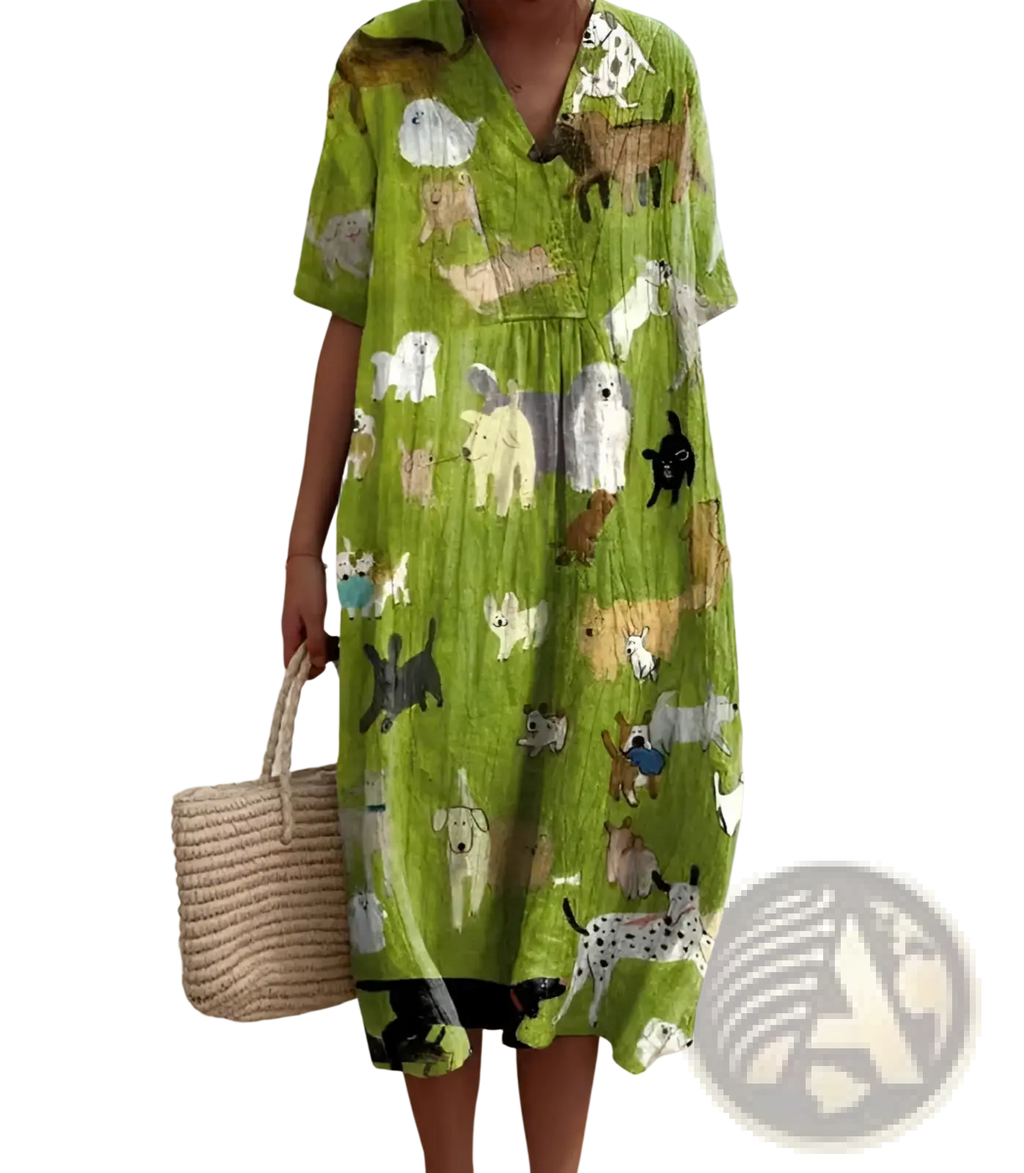 Vibrant lime green short sleeve dress with playful cartoon dog print featuring a relaxed fit and comfortable fabric