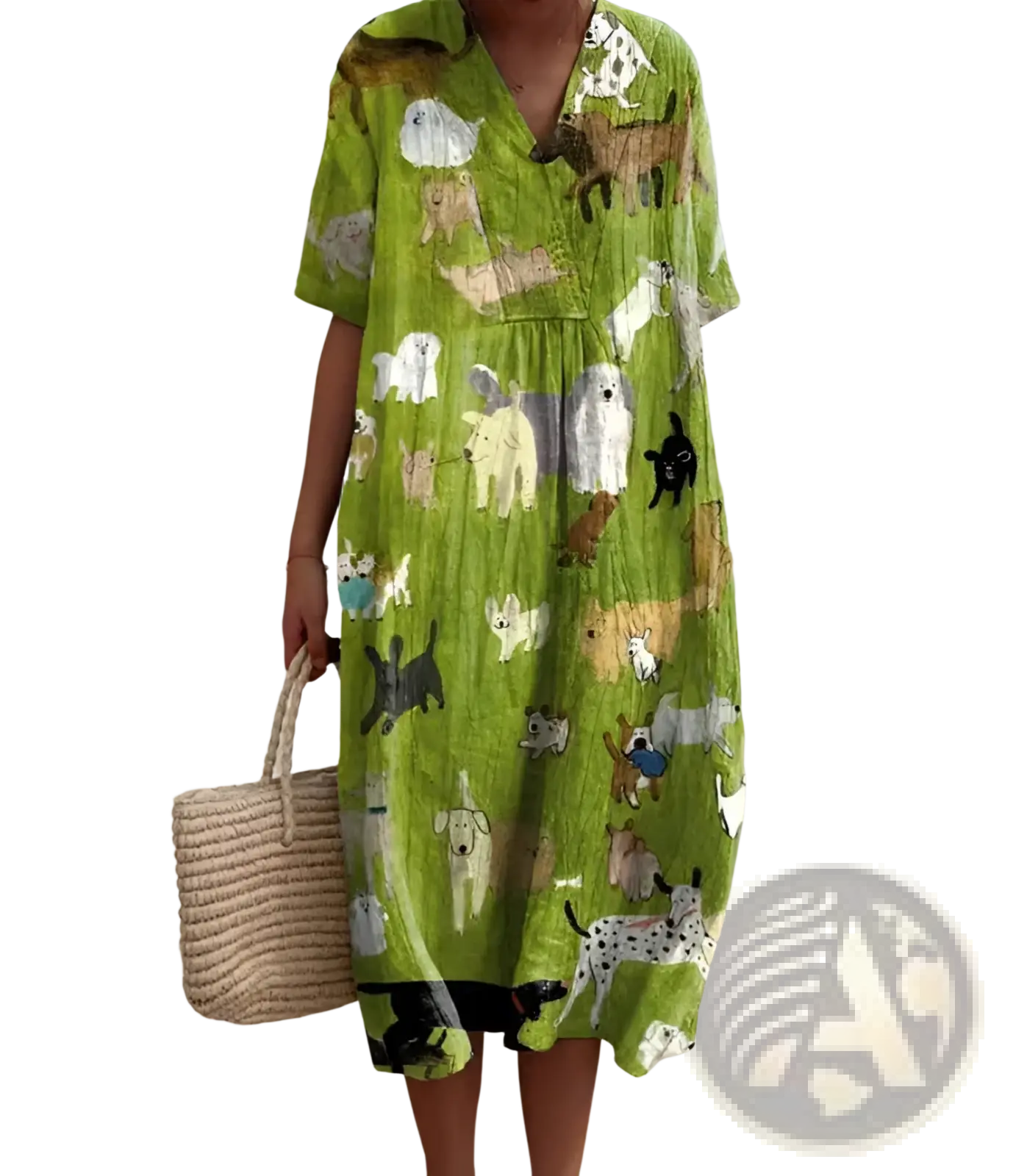 Vibrant lime green short sleeve dress with playful cartoon dog print featuring a relaxed fit and comfortable fabric