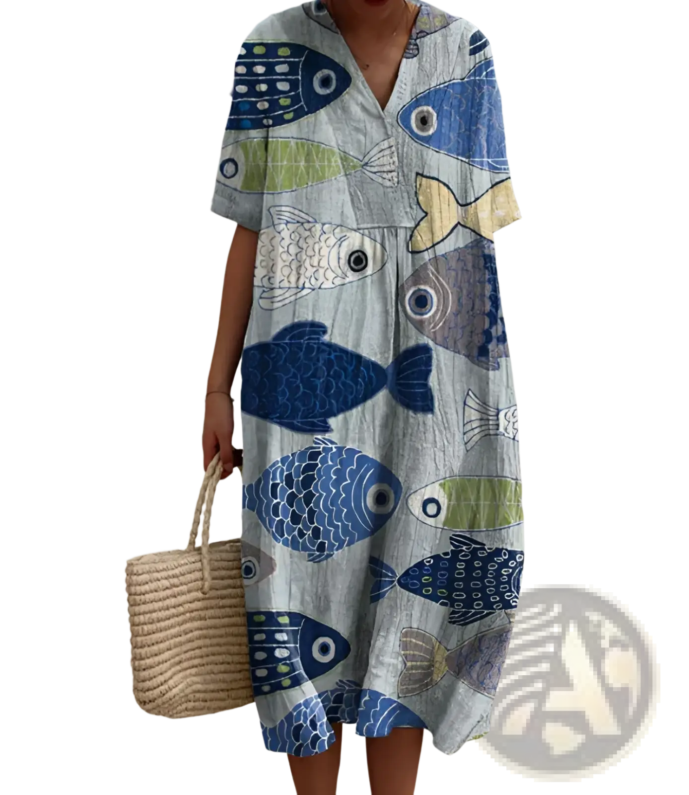 A light blue short sleeve dress with a playful fish pattern in blue green and yellow ideal for summer wear