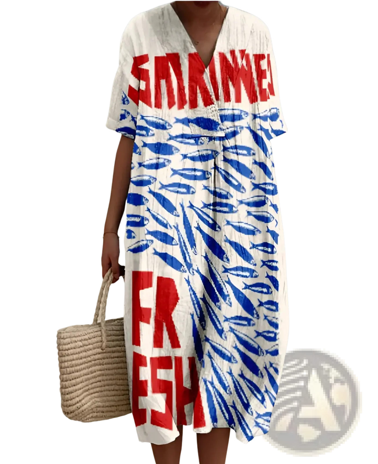 Vibrant floral v-neck short sleeve maxi dress in white with red summer fresh lettering and blue fish pattern