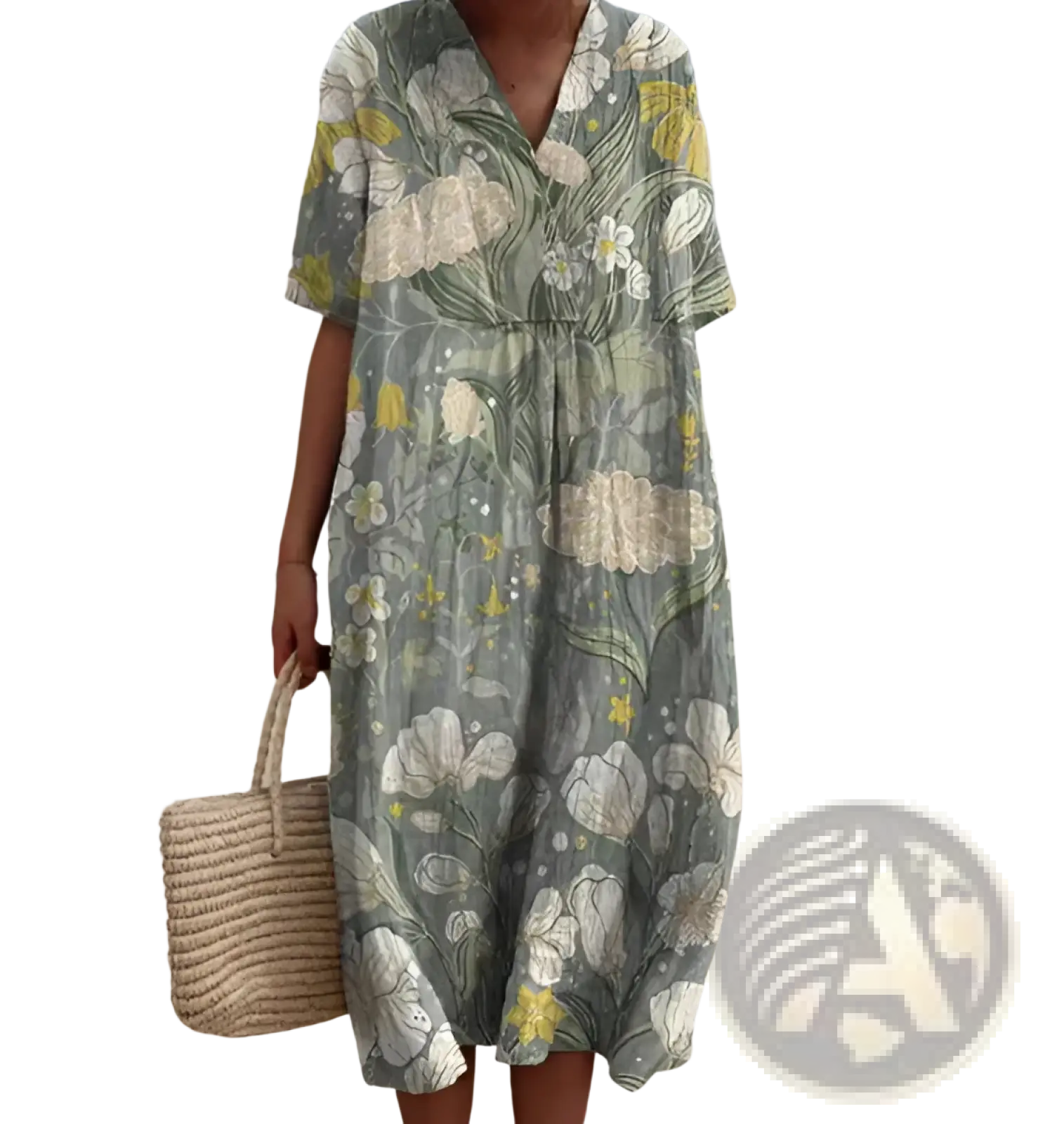 Vibrant floral v-neck short sleeve maxi dress in flowing sage green with white and yellow blossoms