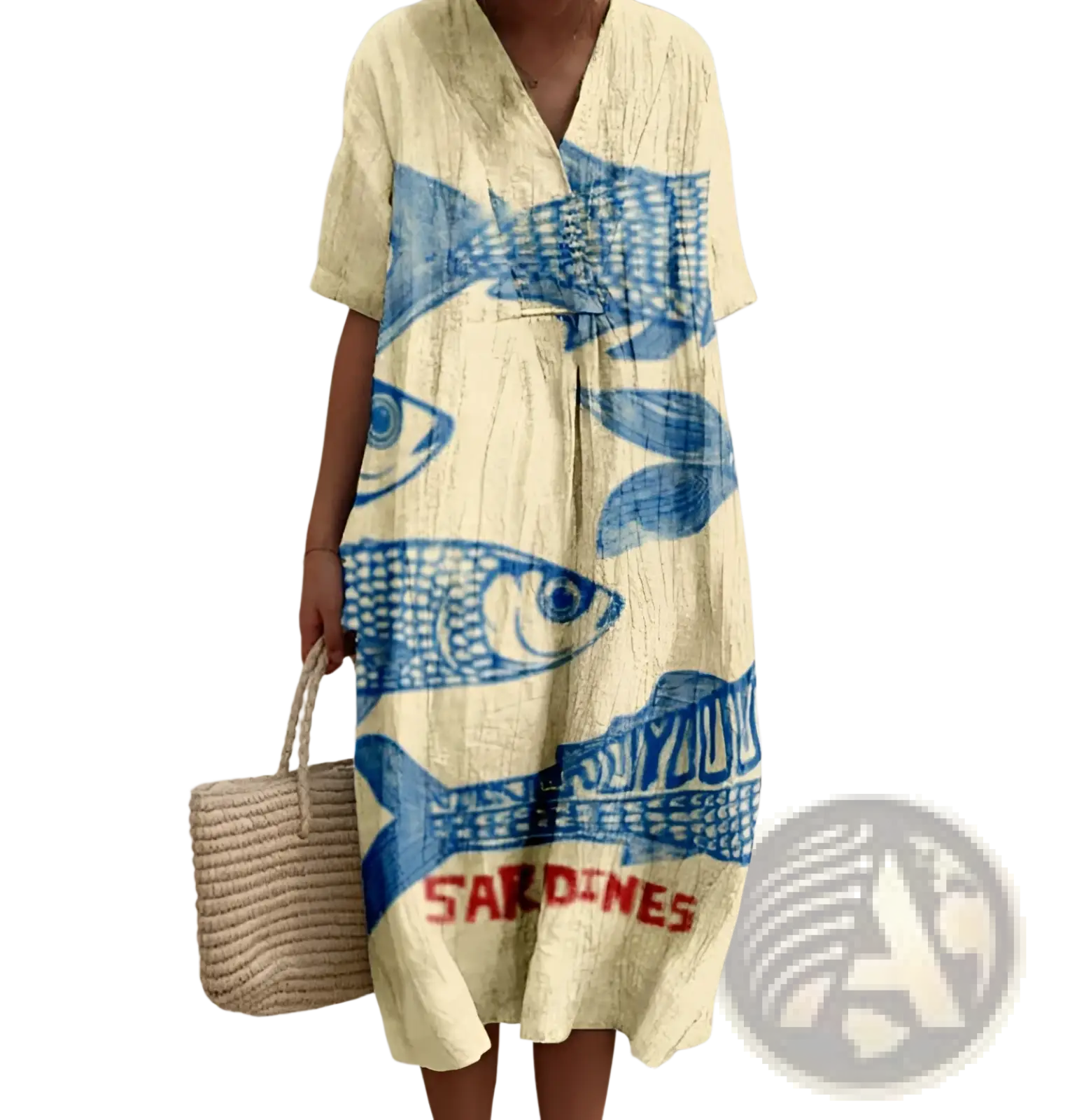 A light yellow v-neck short sleeve maxi dress with bold blue fish print and red sardines lettering