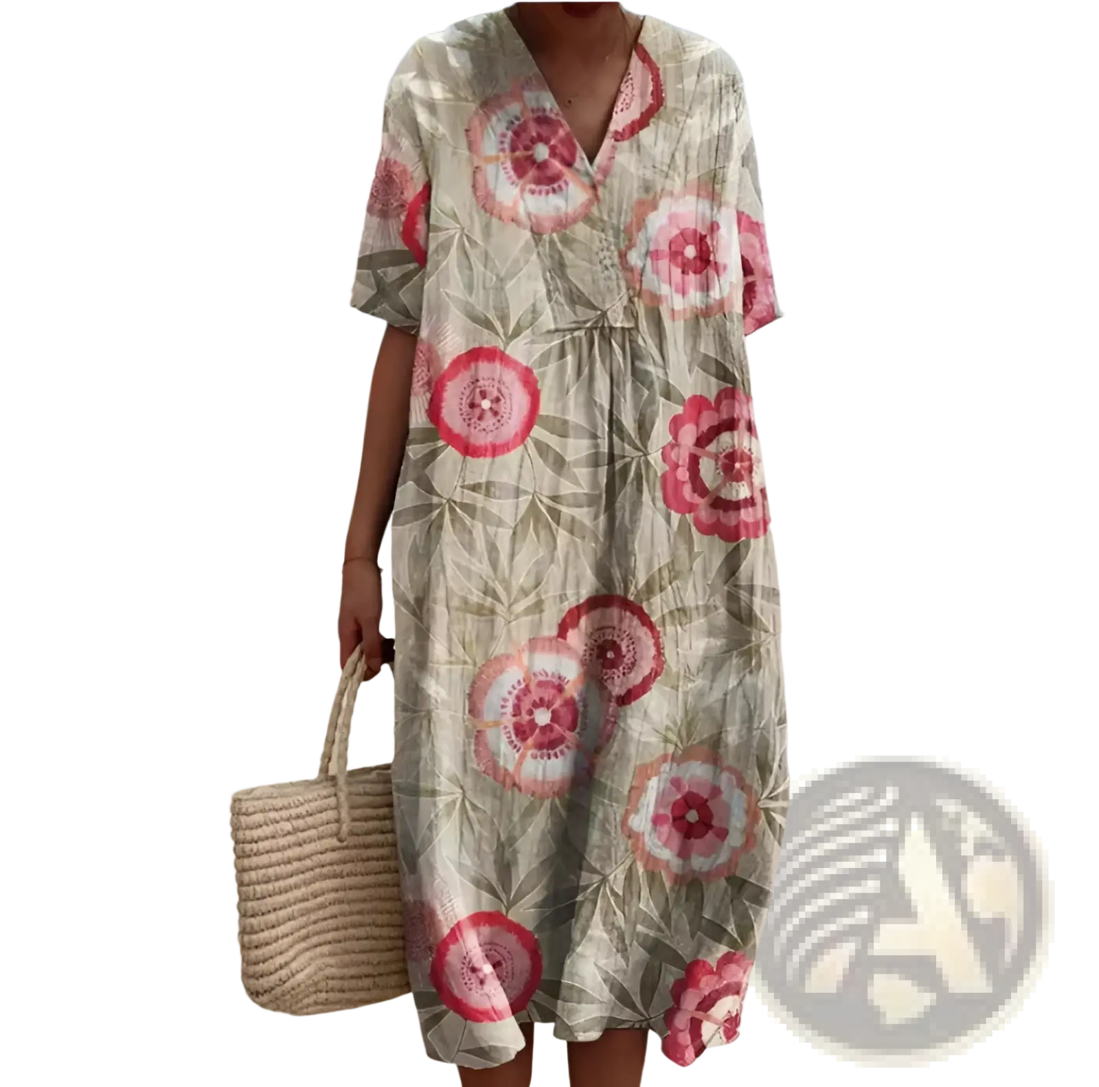 A flowing light beige maxi dress with v-neck short sleeves and vibrant pink and white circular floral motifs on textured fabric