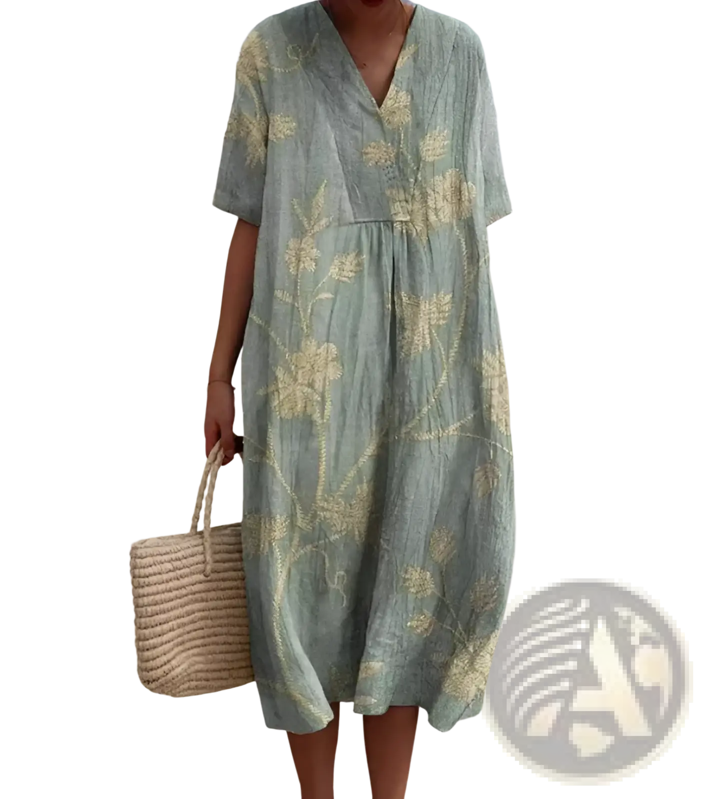 A light green linen vibrant floral v-neck short sleeve maxi dress with delicate gold floral embroidery