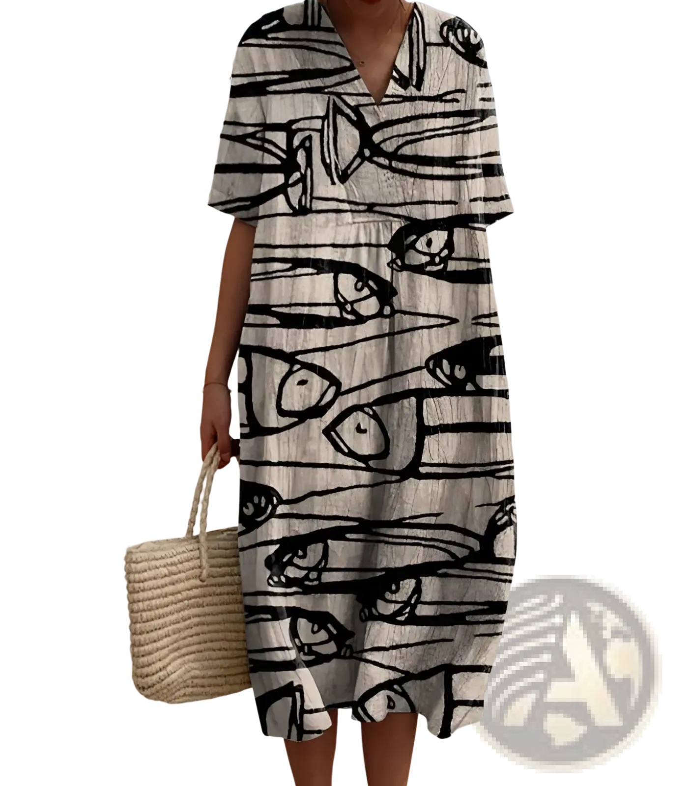 A woman wears a black and white fish pattern vibrant floral v neck short sleeve maxi dress with a relaxed fit