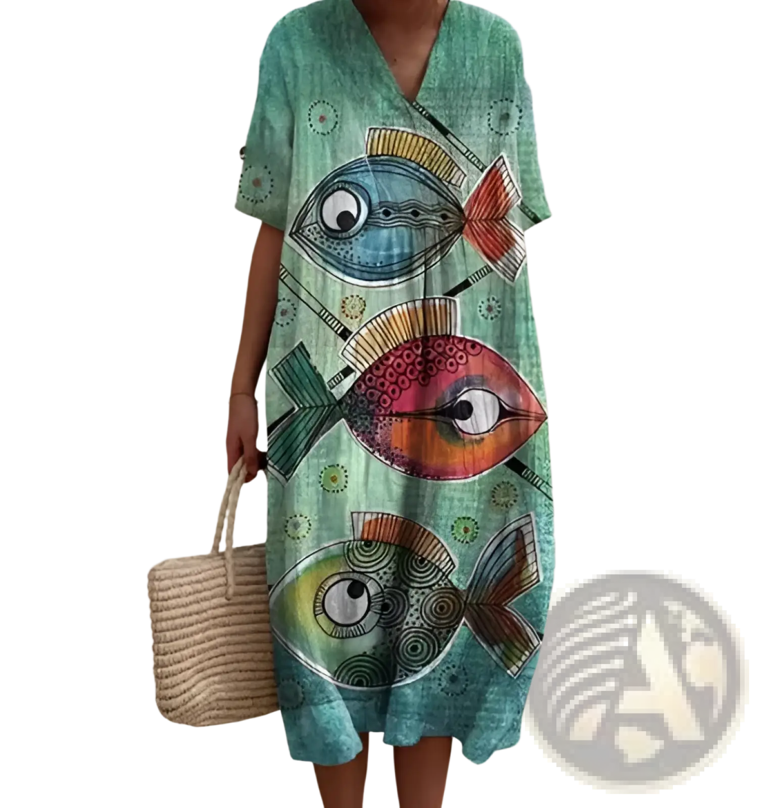 Teal vibrant floral v neck short sleeve maxi dress with colorful cartoon fish pattern and detailed eyes and fins