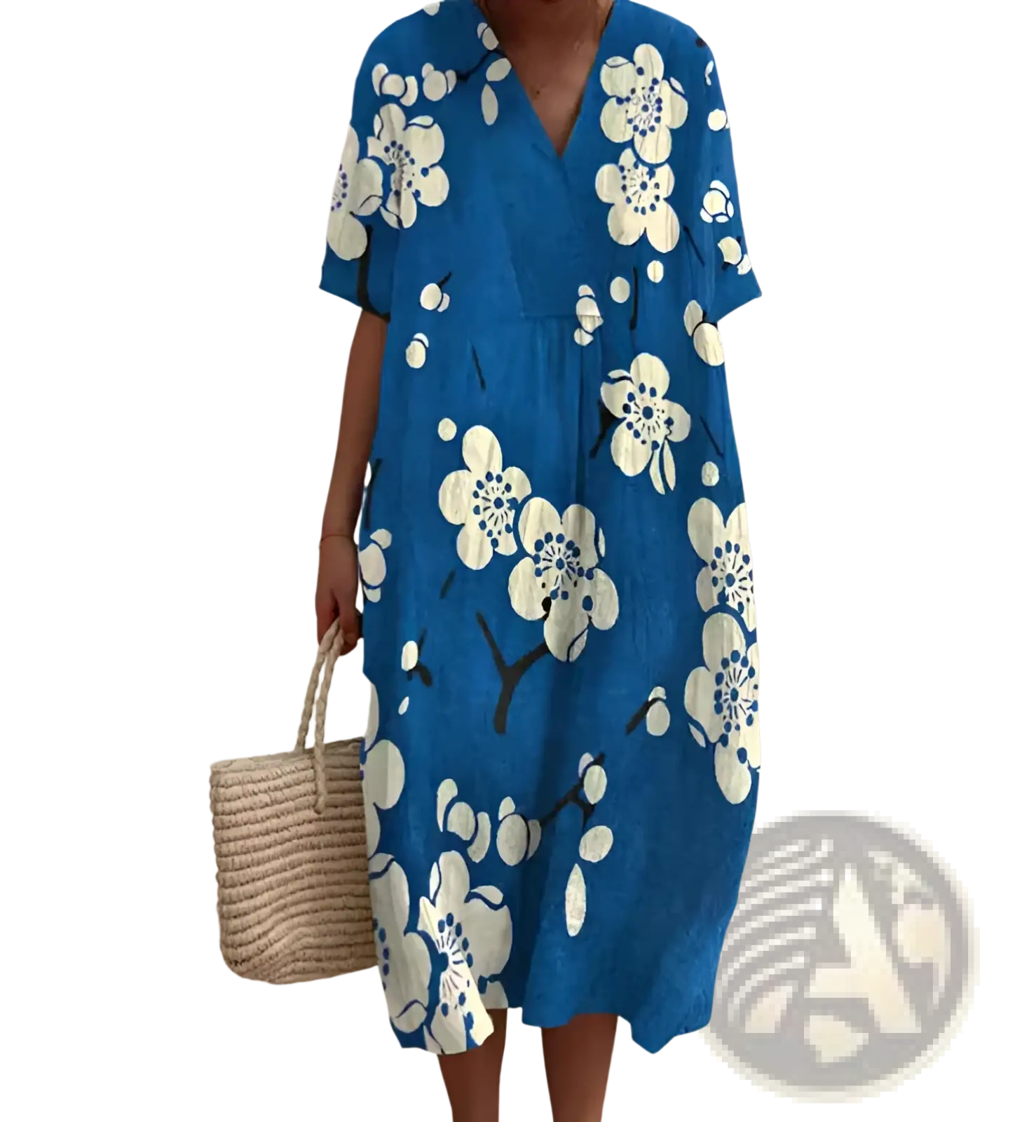 Vibrant floral v-neck short sleeve maxi dress in blue with white blossoms and black branches for elegant occasions