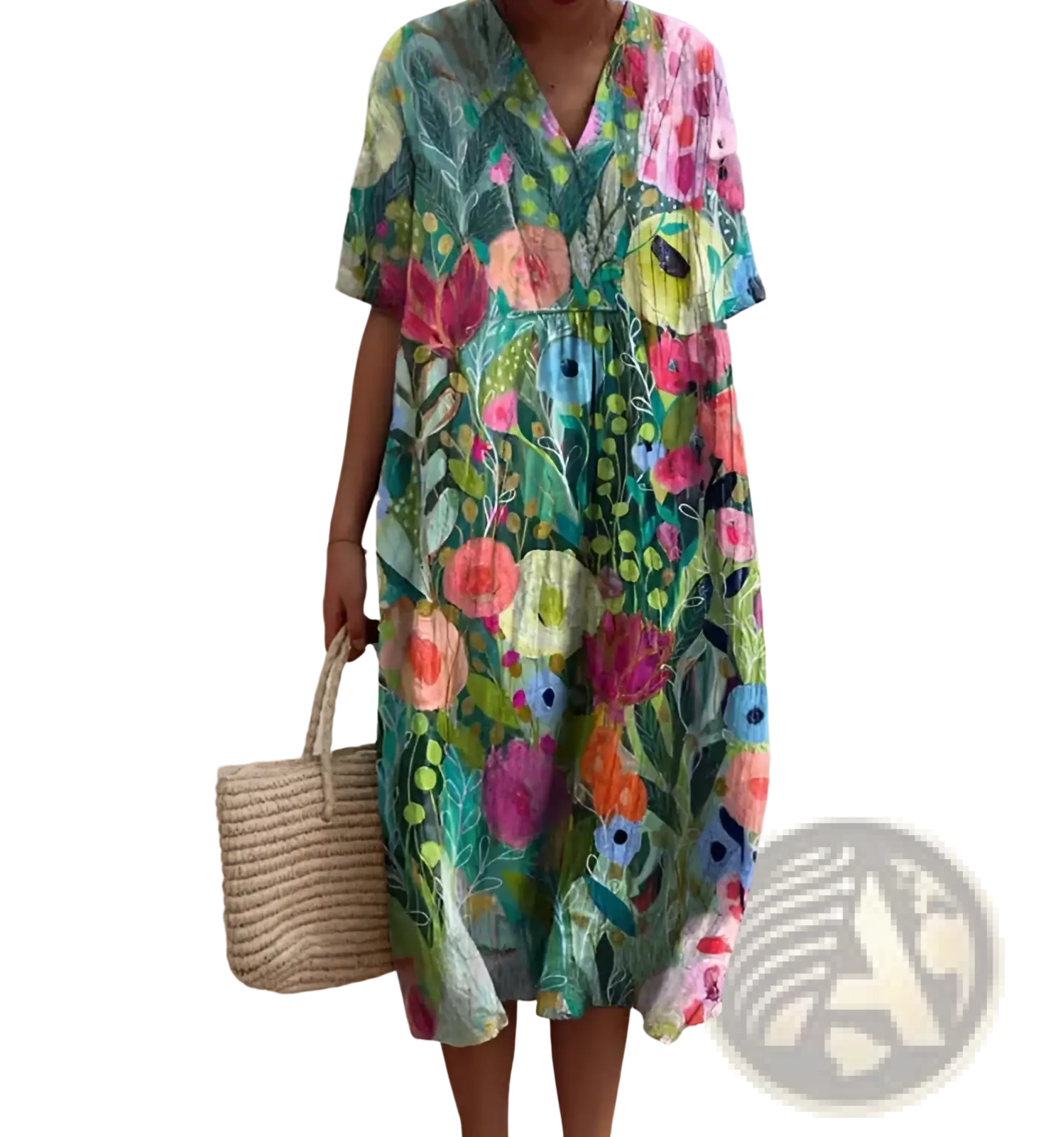 A vibrant floral v-neck short sleeve knee-length dress in green pink orange and blue perfect for summer wear