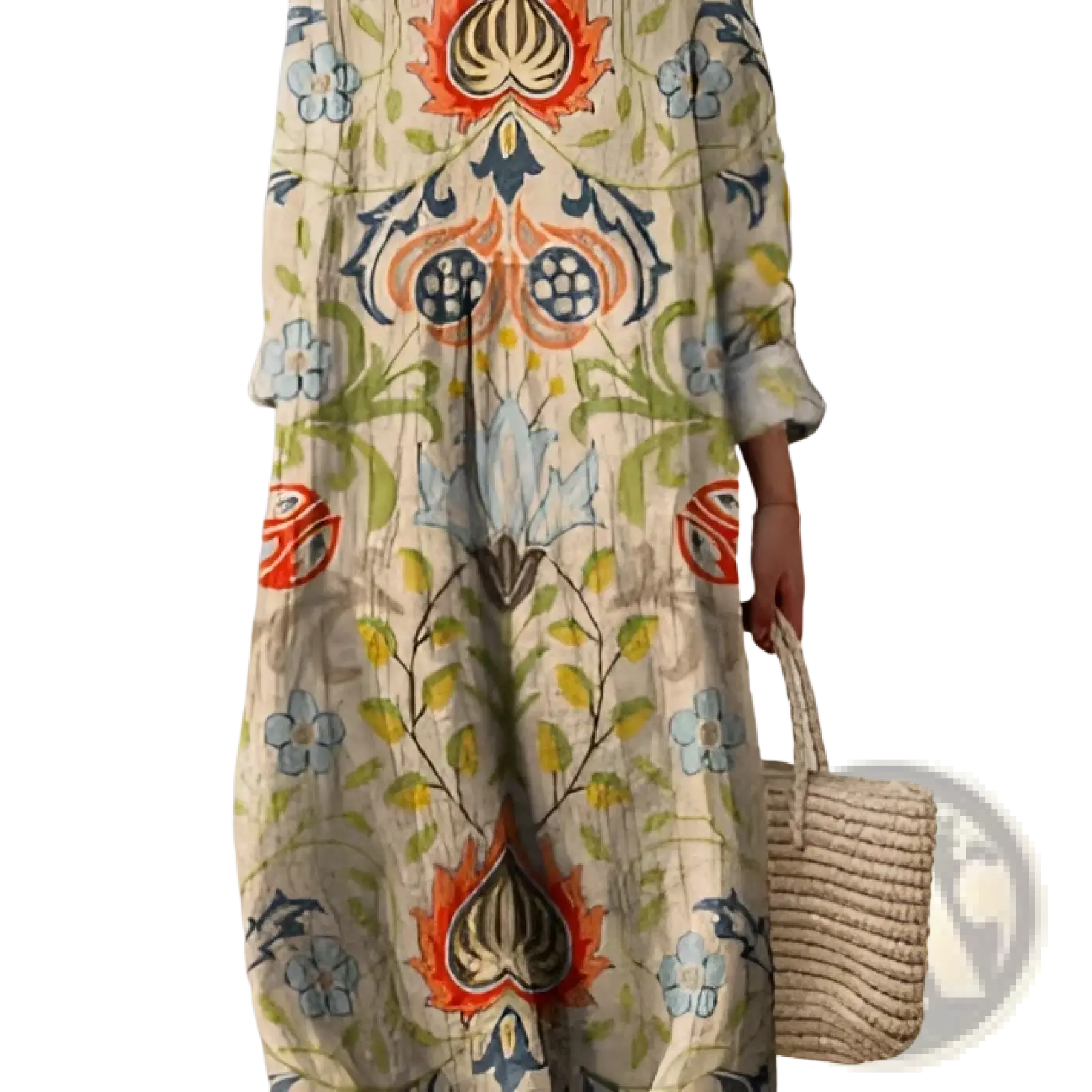 A flowing long-sleeved cream dress with intricate orange blue green and black floral and geometric patterns