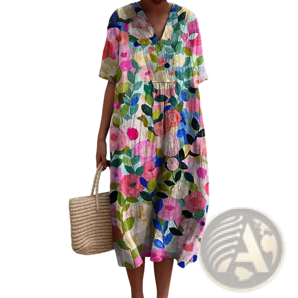 Vibrant floral v-neck short sleeve maxi dress with bold pink blue green and yellow flowers on light fabric