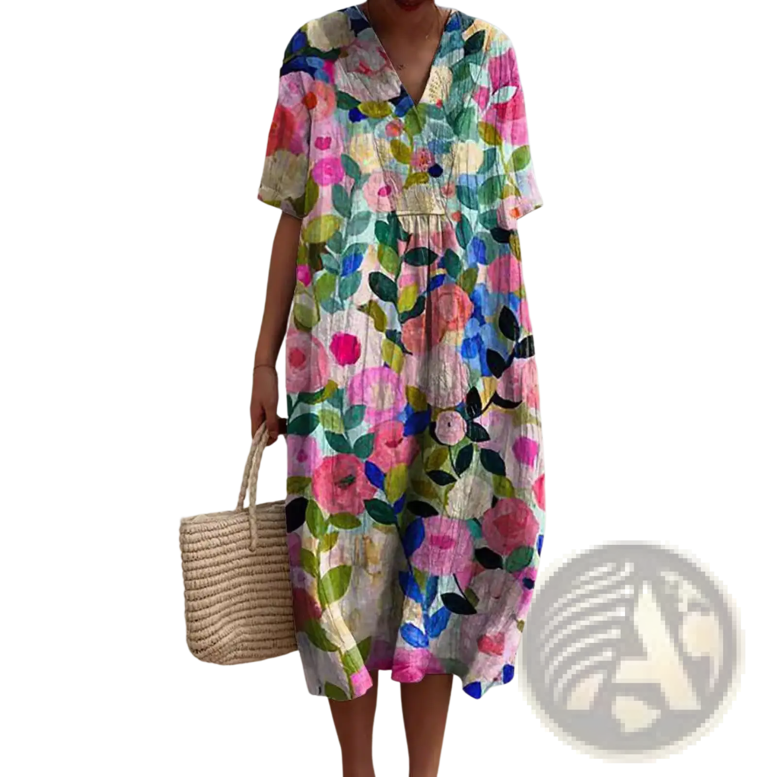 Vibrant floral v-neck short sleeve maxi dress with bold pink blue green and yellow flowers on light fabric