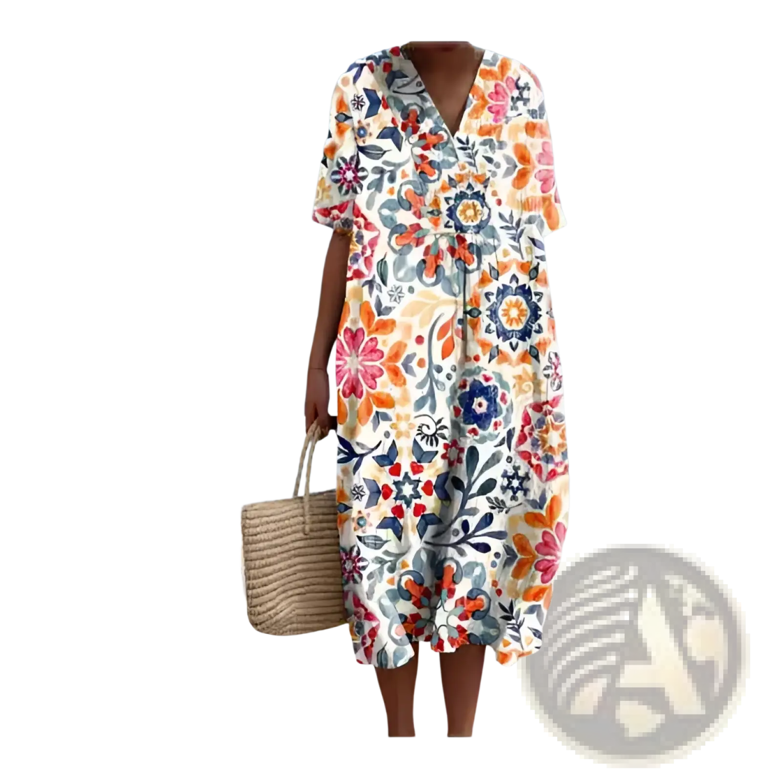 A vibrant floral v-neck short sleeve maxi dress with bold orange pink blue and green blossoms on cream fabric