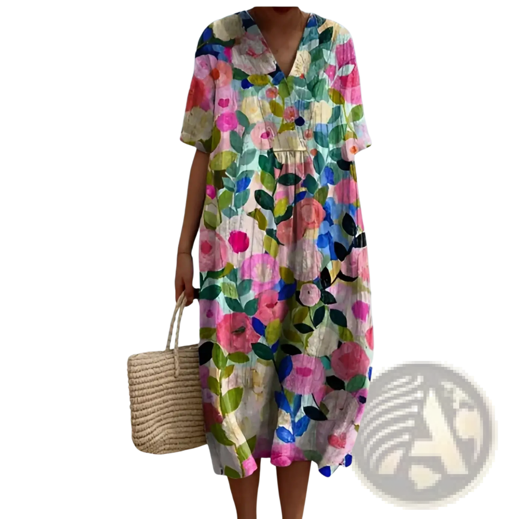 A vibrant floral v-neck short sleeve maxi dress with bold pink blue green and yellow blossoms on light fabric