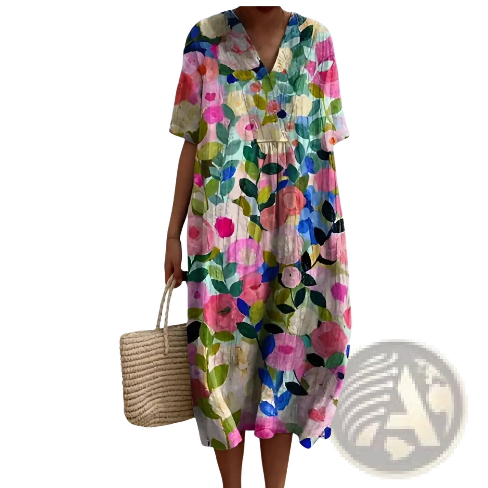 A vibrant floral v-neck short sleeve maxi dress with bold pink blue green and yellow blossoms on light fabric