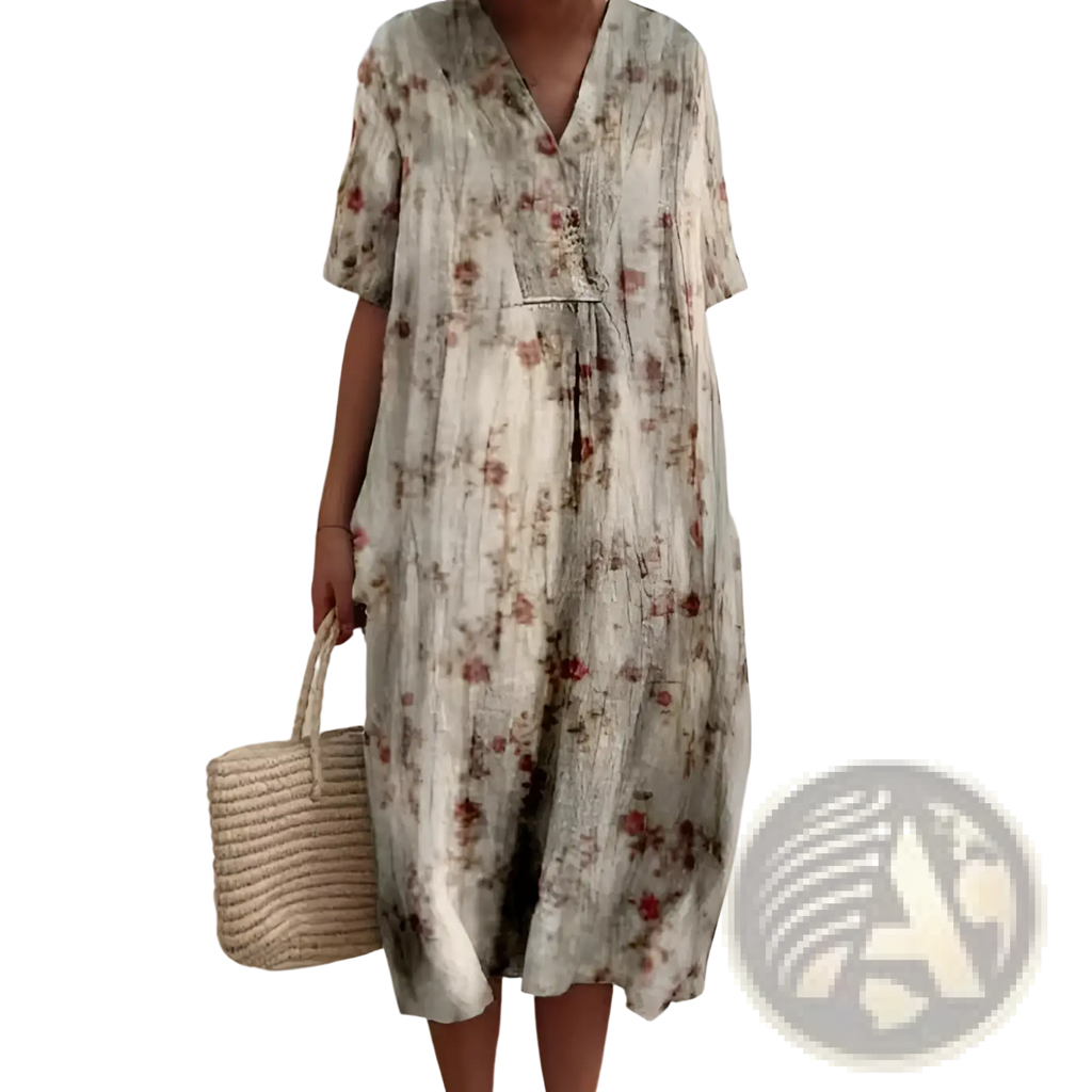 A flowing off-white vibrant floral v-neck short sleeve maxi dress with soft red and brown blossoms on lightweight fabric