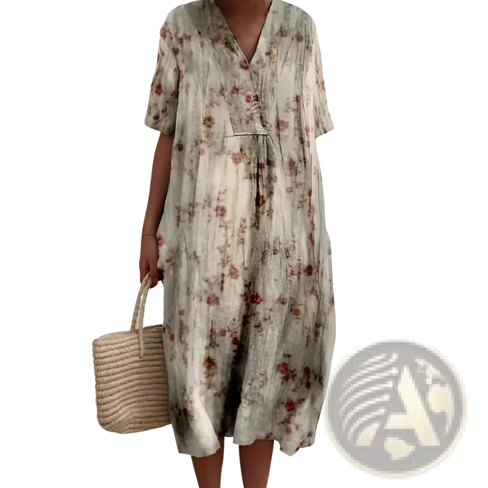 A flowing off-white vibrant floral v-neck short sleeve maxi dress with soft red and brown blossoms on lightweight fabric