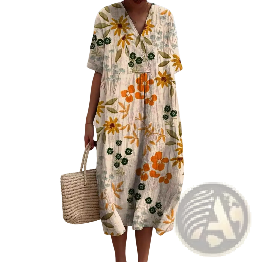 A flowing off-white maxi dress with vibrant yellow and orange floral patterns featuring a v-neckline and short sleeves