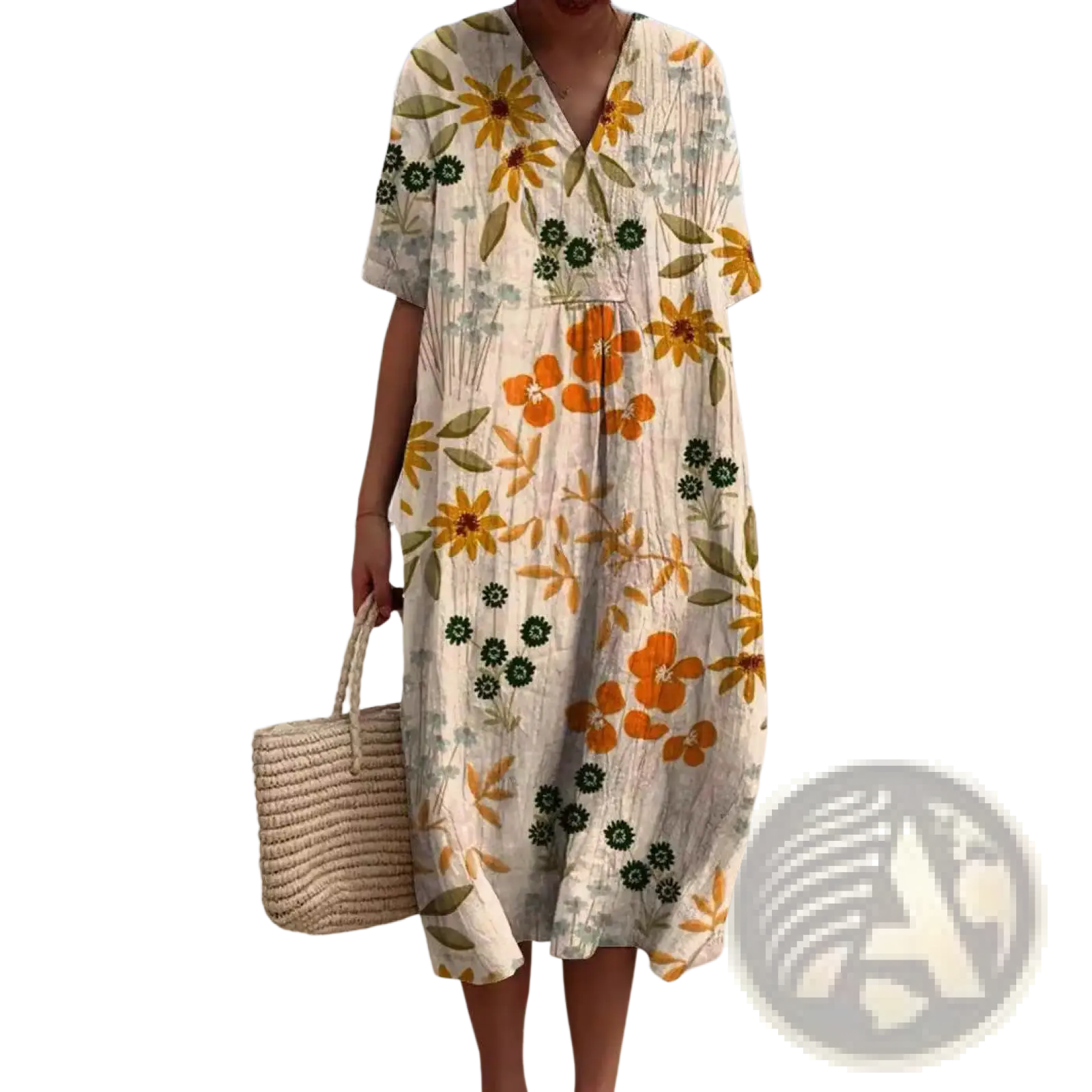 A flowing off-white maxi dress with vibrant yellow and orange floral patterns featuring a v-neckline and short sleeves
