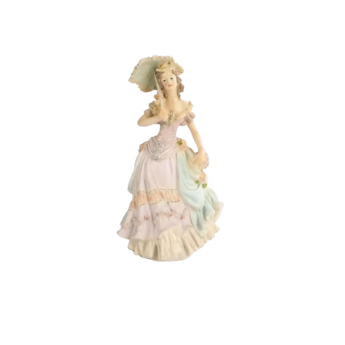 Porcelain figurine of a woman in an elegant layered pastel gown with lace trim from victorian couple resin figurine decor