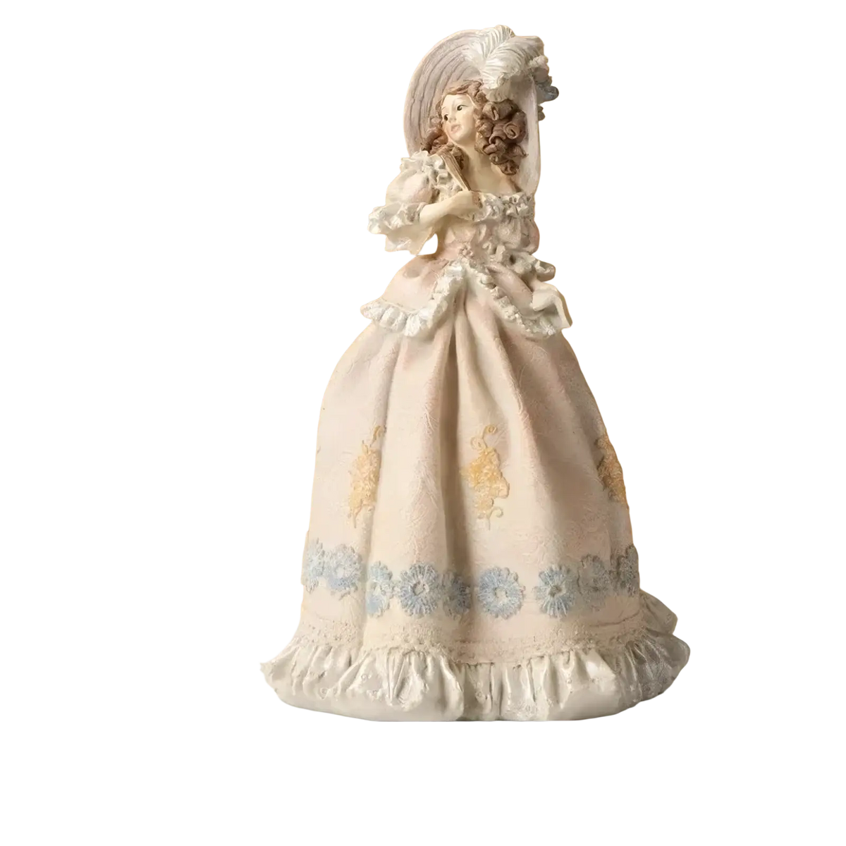 An elegant porcelain victorian couple resin figurine featuring a woman in a cream gown with blue and gold embroidery