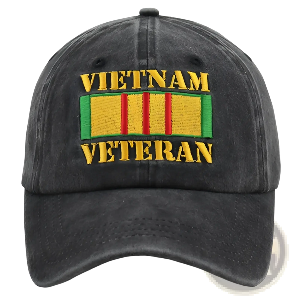Dark gray cotton baseball cap embroidered vietnam veteran text with colorful yellow green and red ribbon design