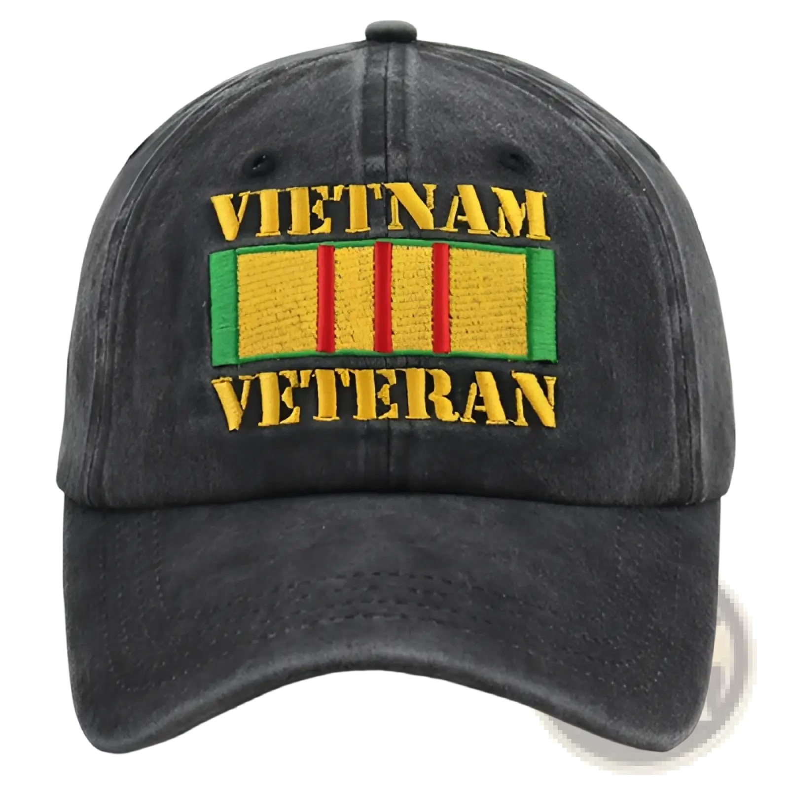 Dark gray cotton baseball cap embroidered vietnam veteran text with colorful yellow green and red ribbon design